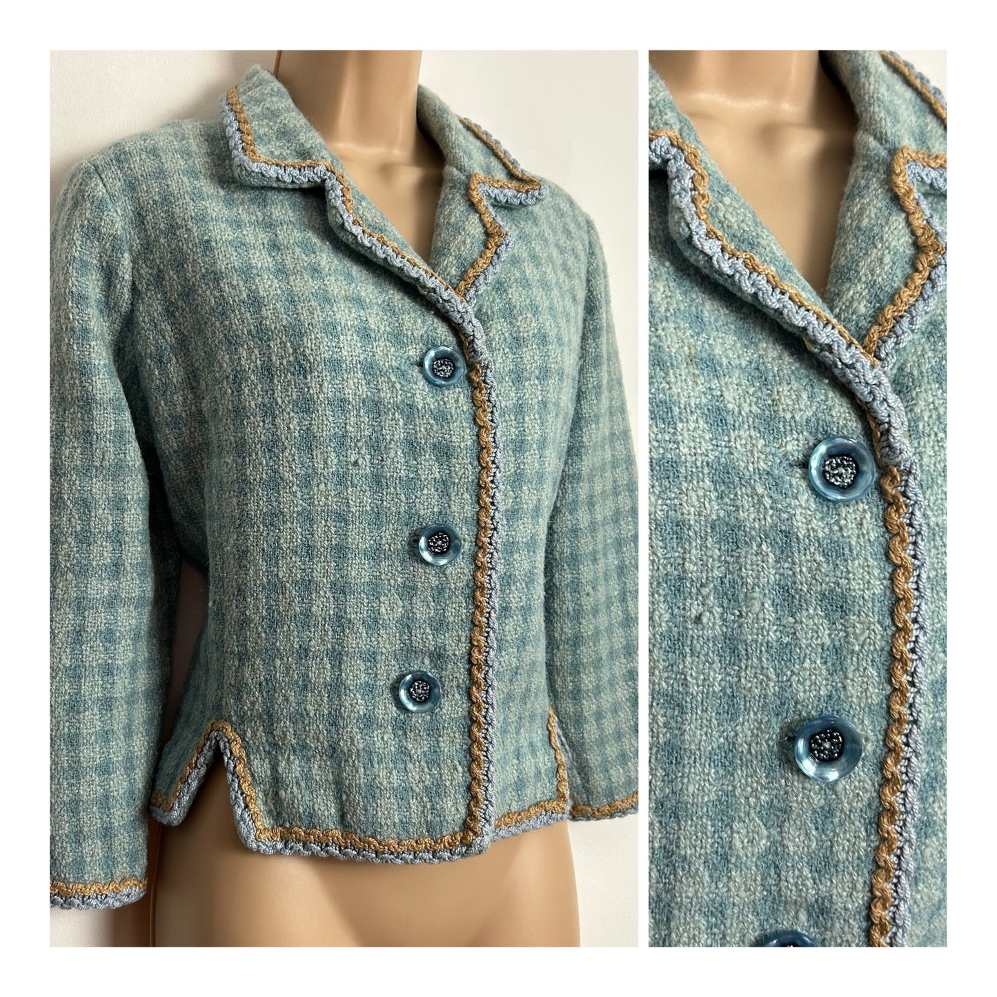 Vintage 1960s UK Size 12-14 Blue Tones Check Wool Mix Braid Trim Fully Lined Boucle Jacket