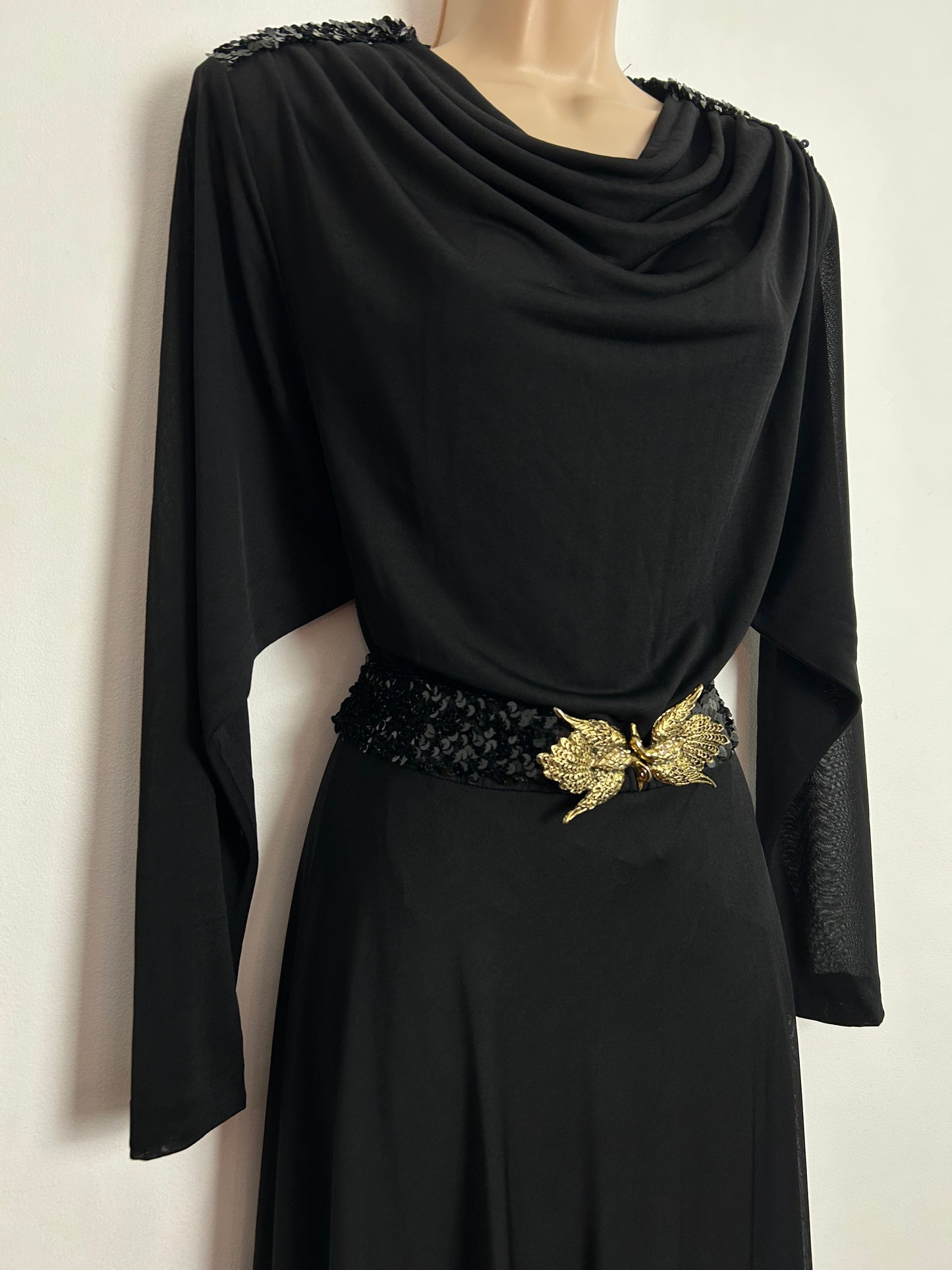 Vintage Early 1980s FINK UK Size 10-12 Black Sequin Detail Cowl Neck Belted Occasion Evening Maxi Dress With Fab Bird Buckle