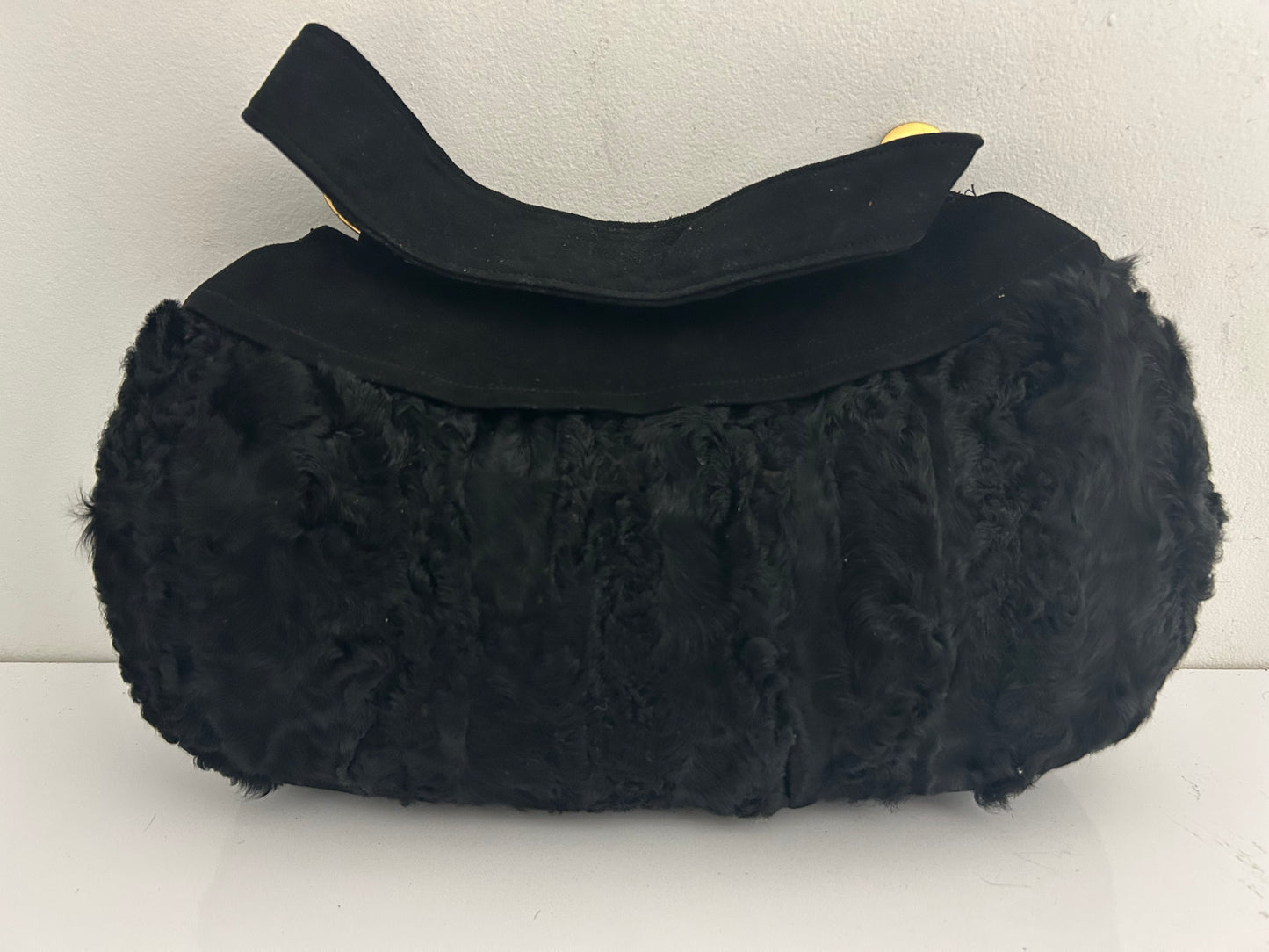 Vintage 1940s Black Persian Lamb & Suede Muff Handwarmer Handbag
