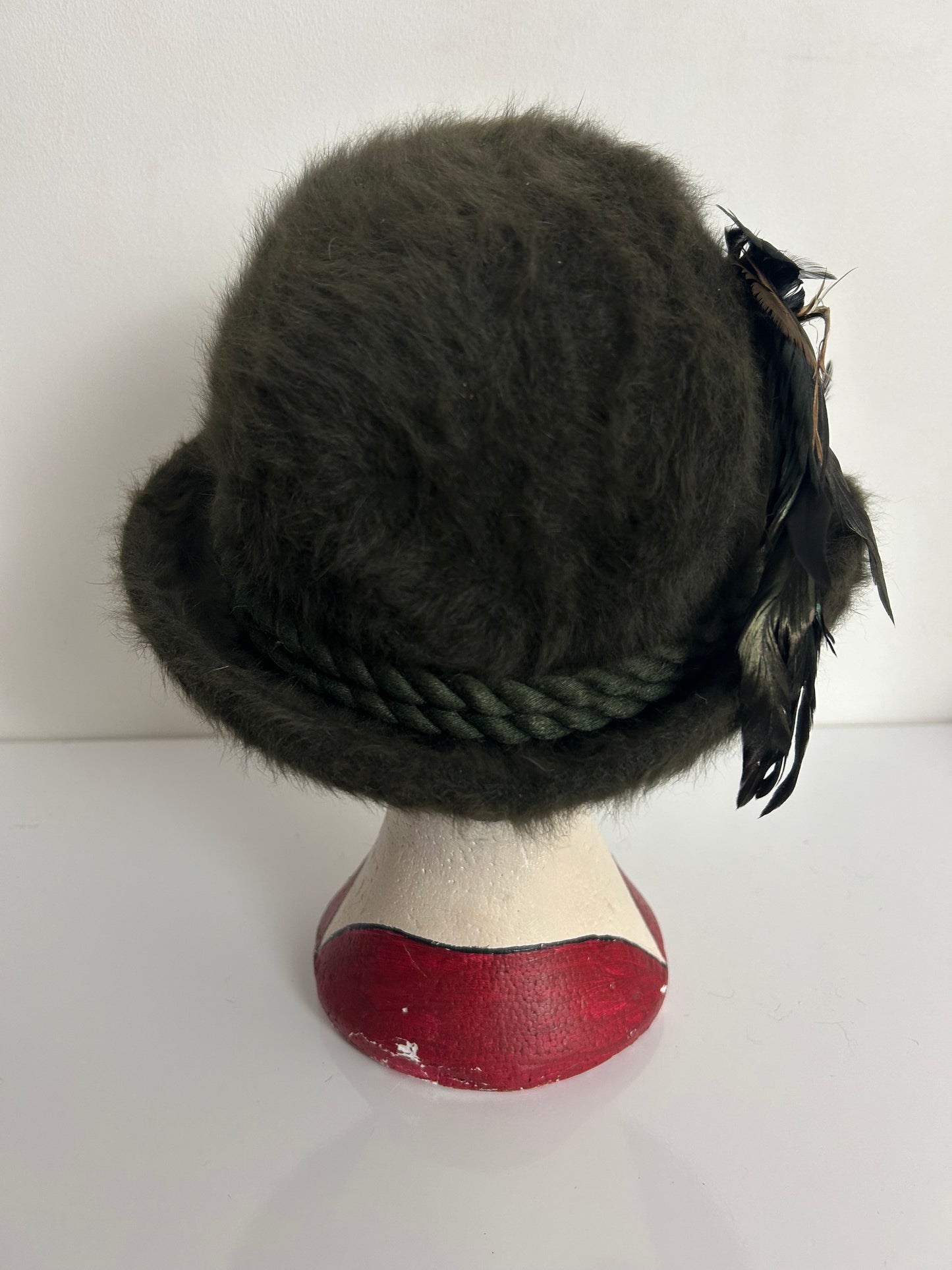 Vintage Dark Moss Green Angora Mix Rope Braid & Feather Trim Trilby Style Hat