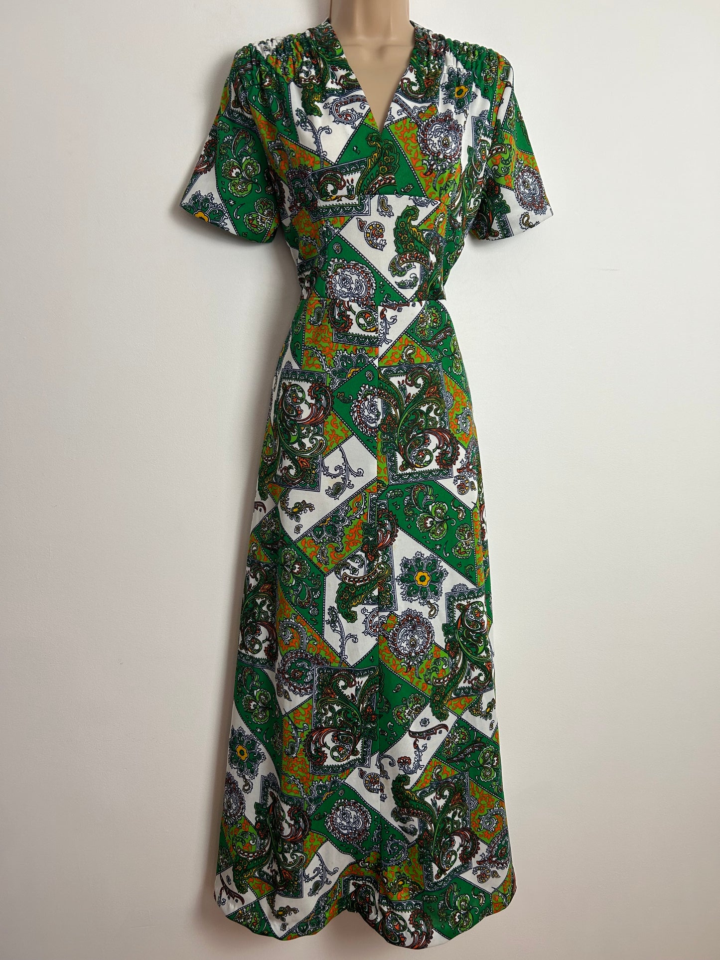 Vintage 1970s Size 10 Green White & Orange Nouveau Scarf Print Maxi Dress