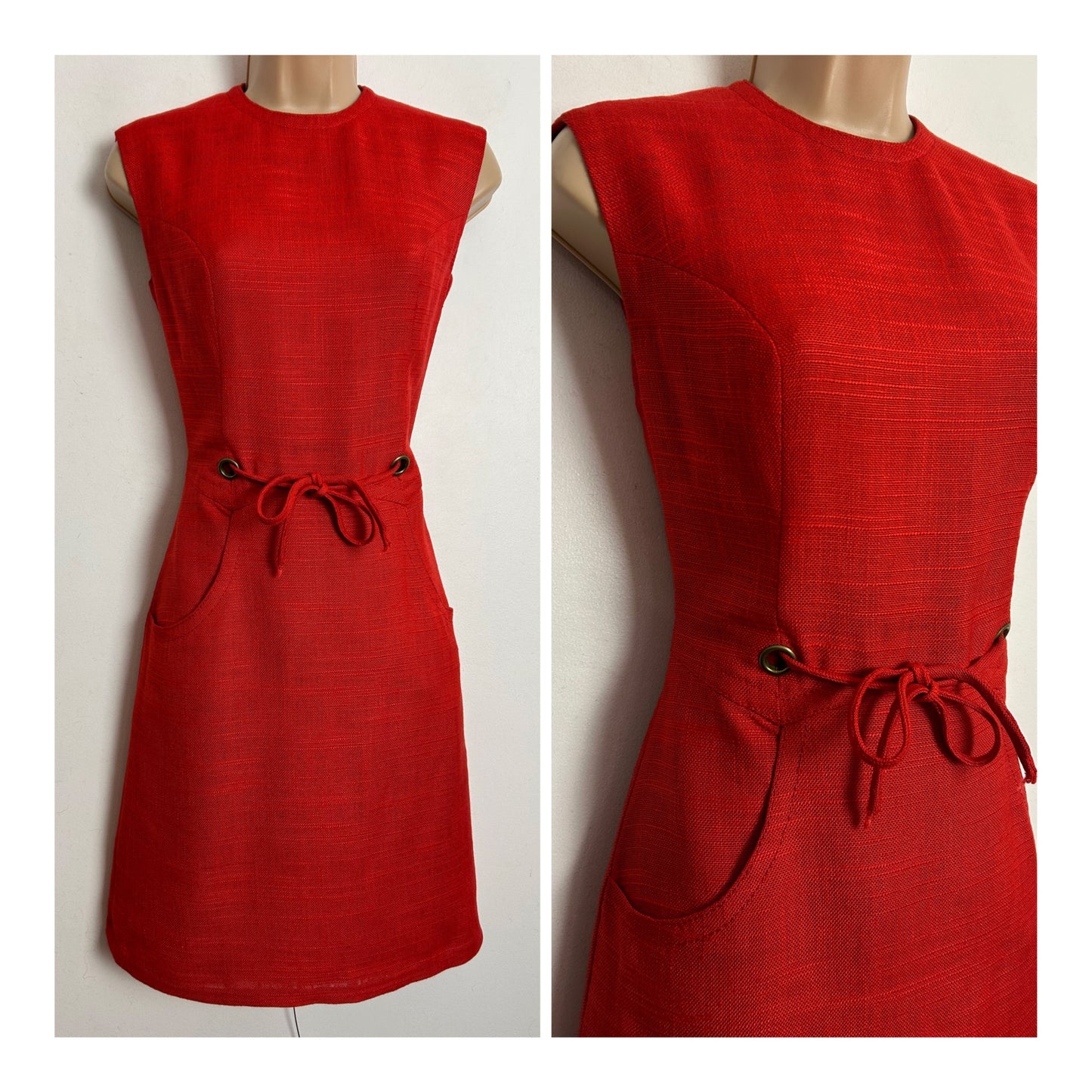 Vintage 1960s UK Size 8 Red Woven Viscose Sleeveless Tie Waisted Mod Shift Dress