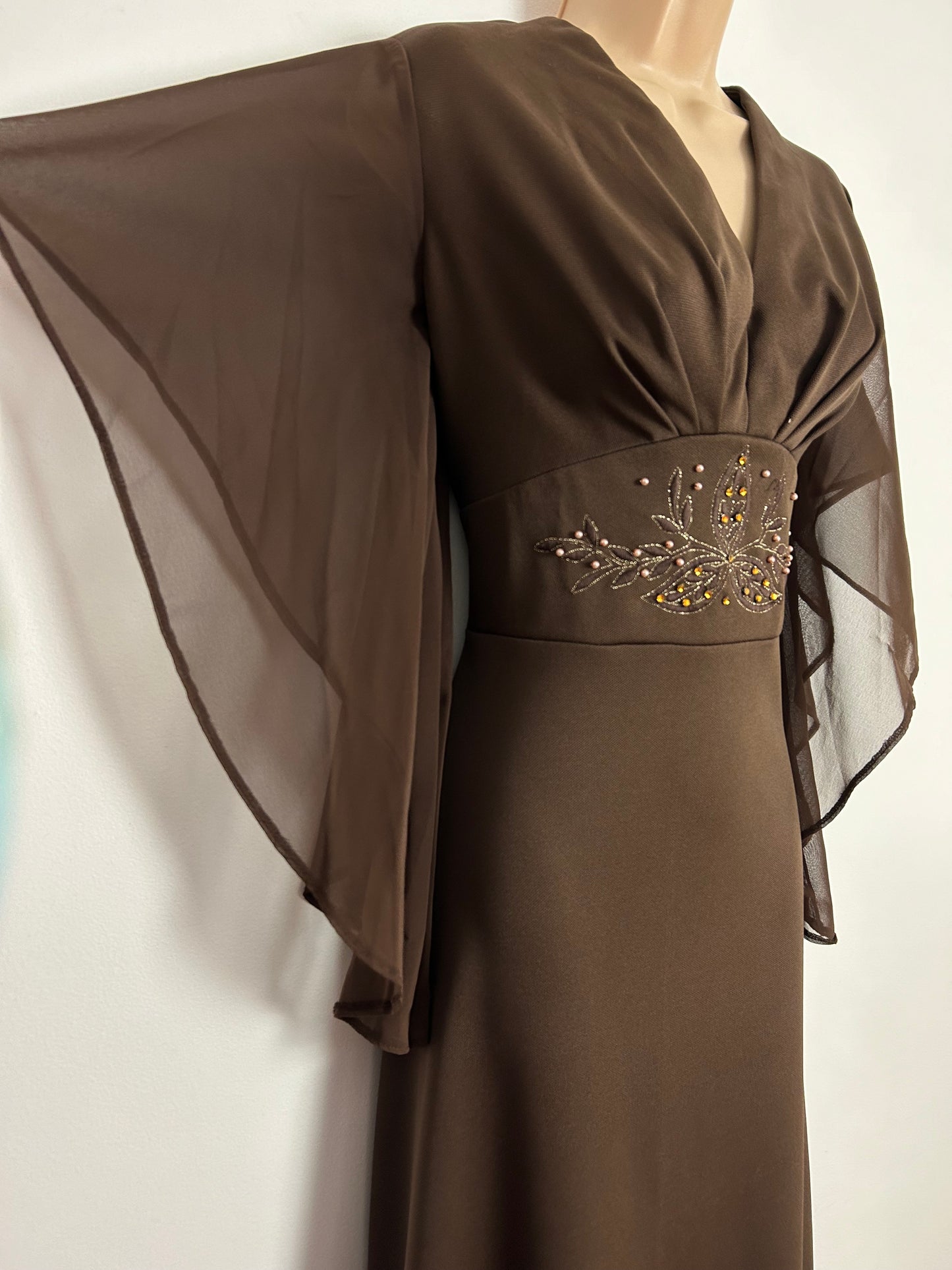 Vintage 1970s UK Size 12 Chocolate Brown Chiffon Flared Sleeve Stitch Bead & Diamante Embellished Occasion Maxi Dress