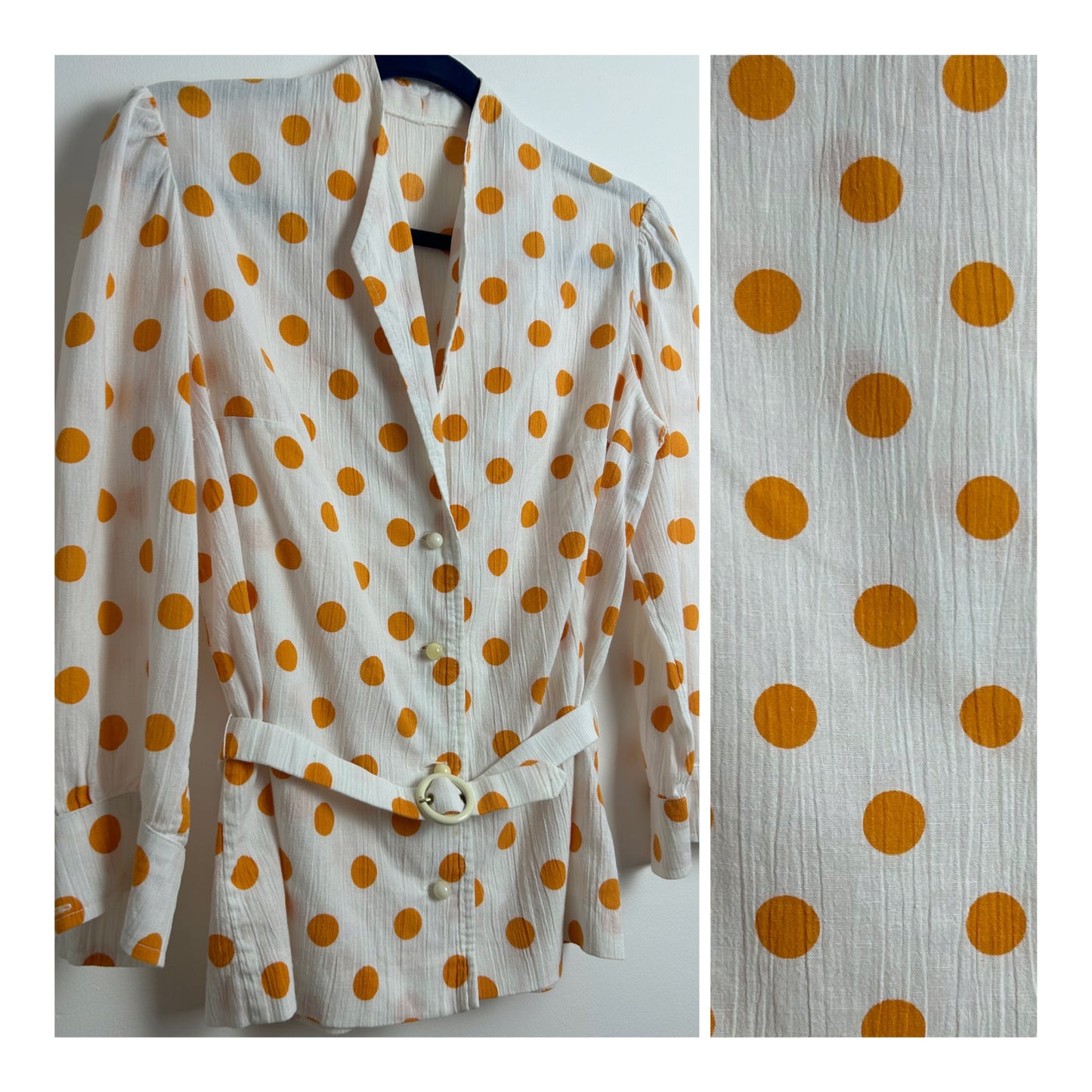 Vintage 1980s Size 12 White & Orange Polka Dot Cheesecloth Cotton Long Sleeve 40’s Style Belted Blouse