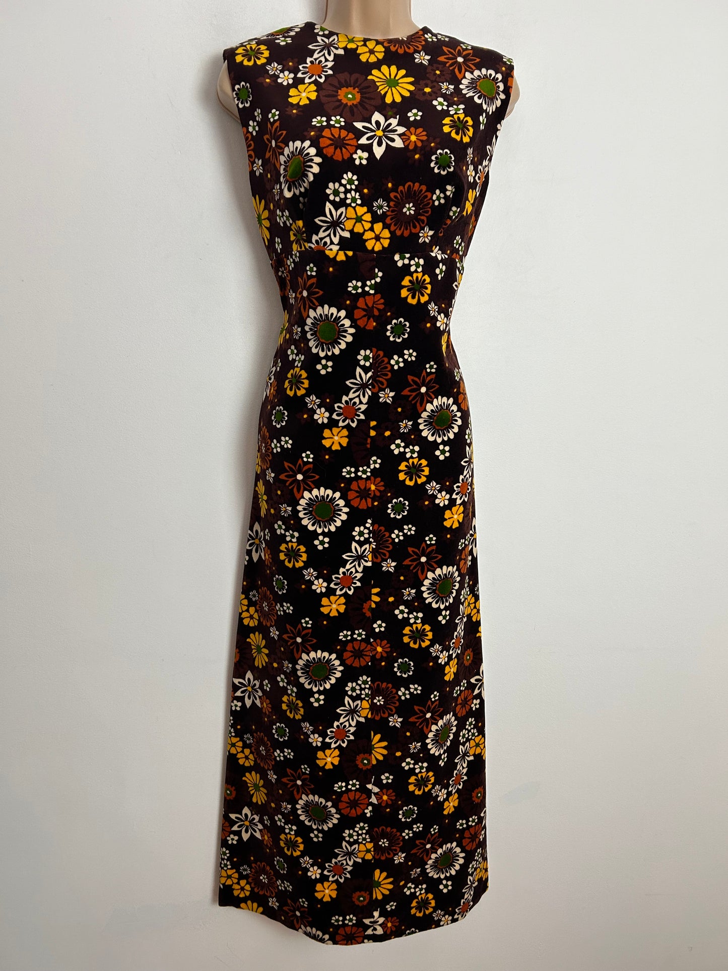 Vintage 1970s UK Size 12 Gorgeous Brown Yellow Rust & White Floral Print Velvet Maxi Dress