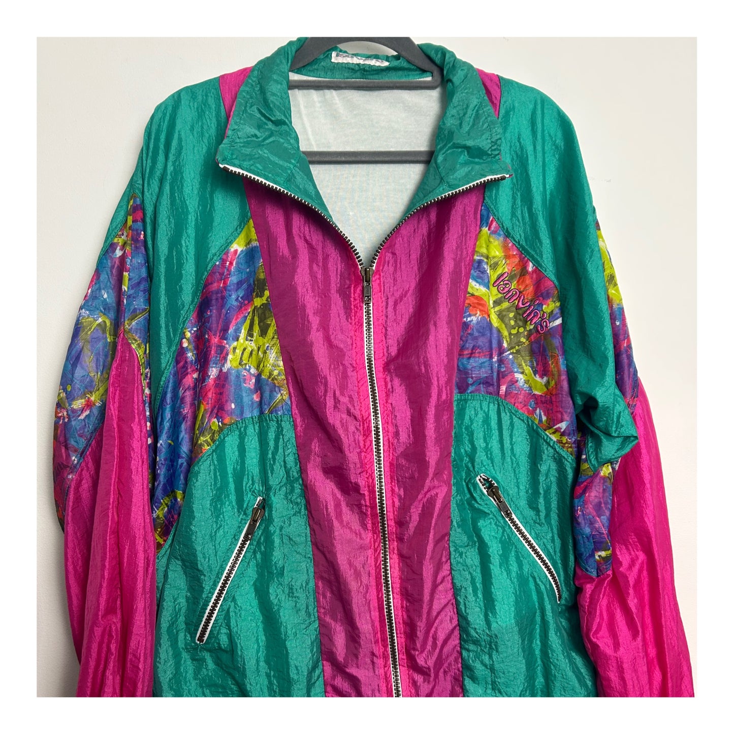 Vintage 1980s Up To Size 14/16 LANVIN'S Pink Green Blue Abstract Print Shell Suit Jacket