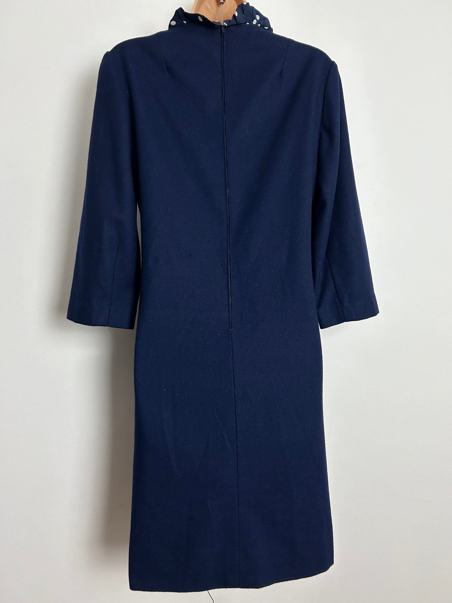 Vintage 1960s UK Size 10-12 Navy Blue Wool 3/4 Sleeve Polka Dot Collar Trim Mod Shift Dress