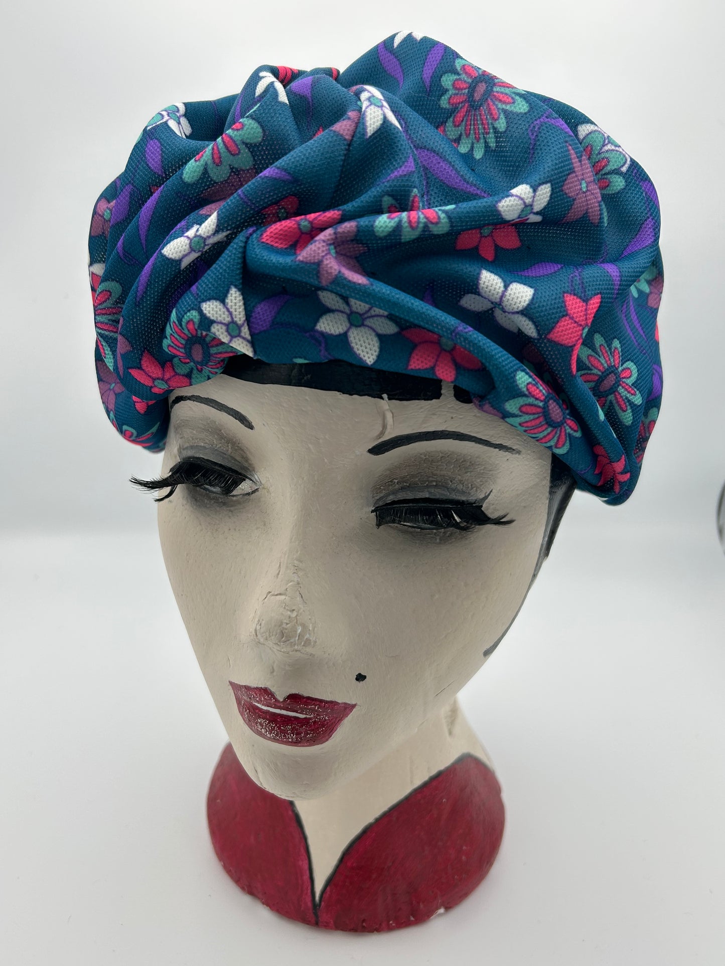Vintage 1960s Petrol Blue Pink & Purple Floral Print Pleated Turban Style Pill Box Hat