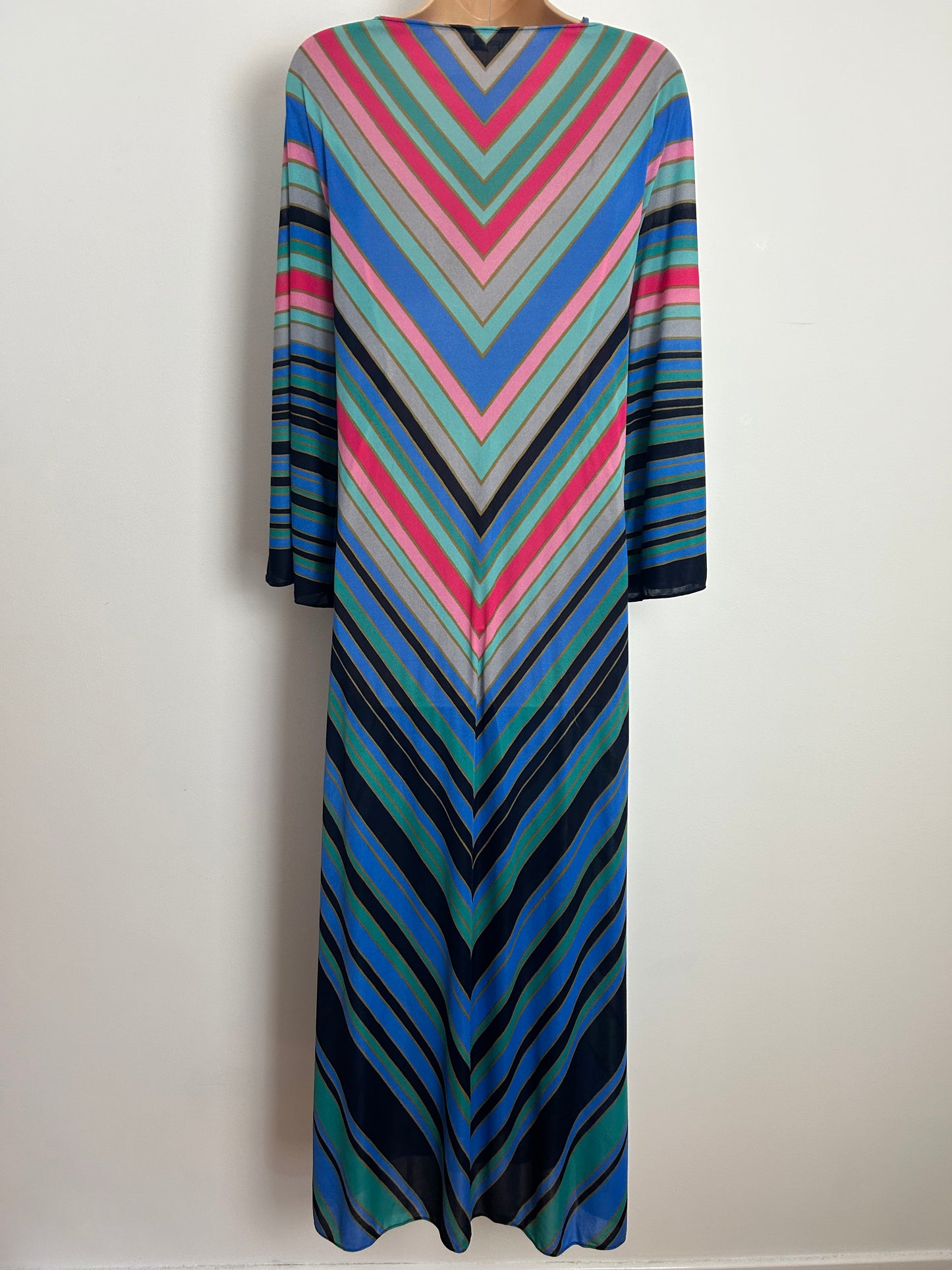 Vintage 1970s POMPADOUR Up To Size 12 Blue Pink Mint Green Chevron Stripe 3/4 Sleeve Criss Cross Strap Kaftan Style Maxi Dress