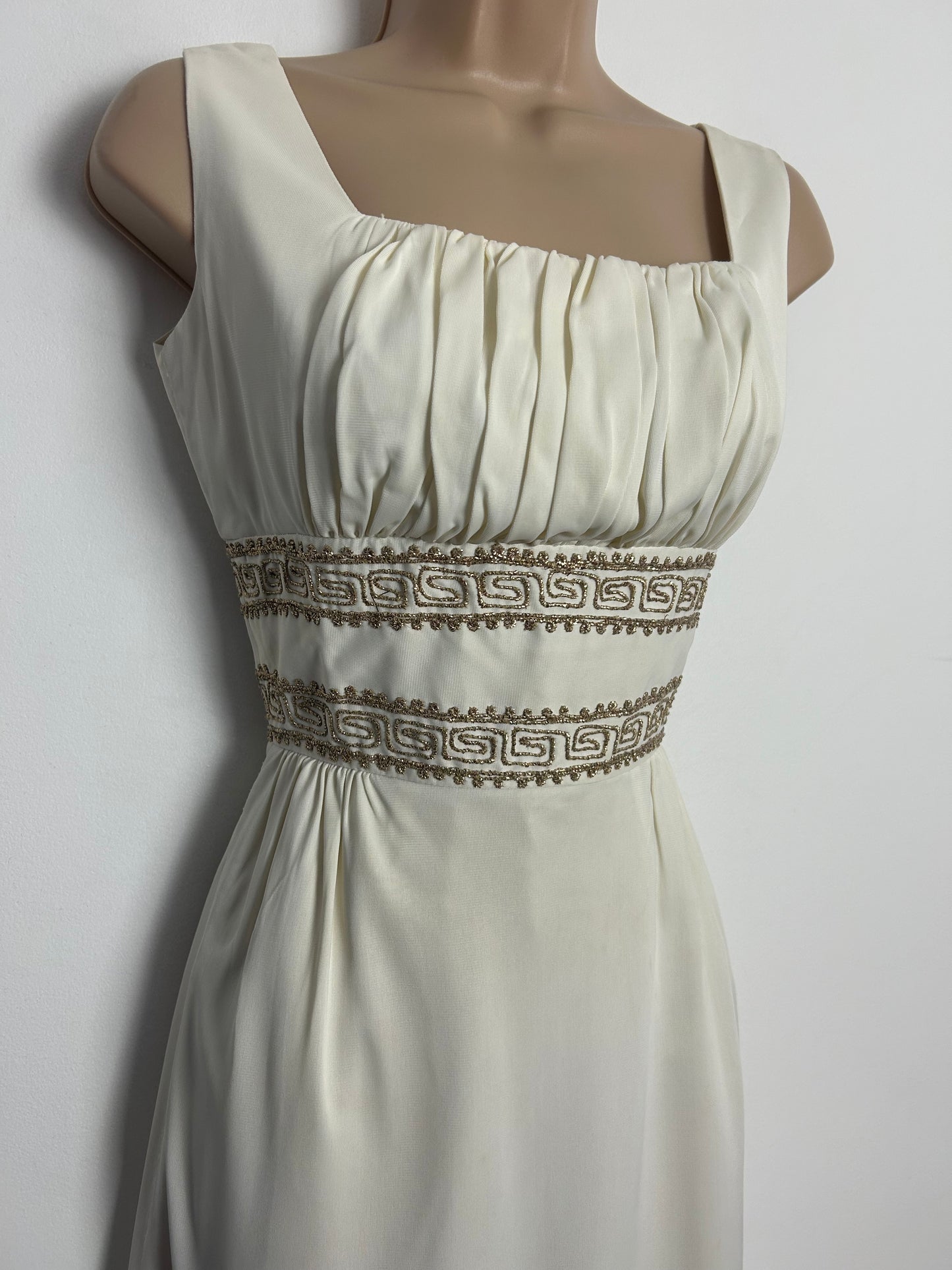 Vintage Early 1960s BLANES Size 6-8 Cream & Gold Greek Key Braid Pattern Summer Occasion Party Dress