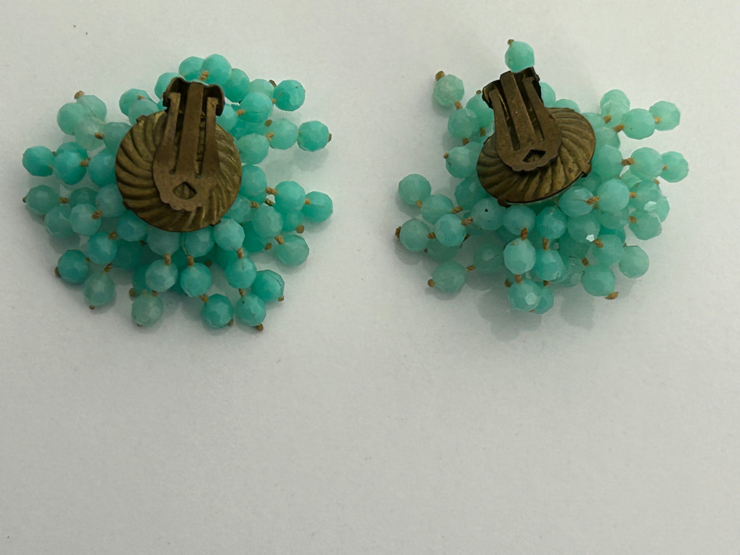 Vintage 1960s Greeny Blue Plastic Bead Clip On Earrings