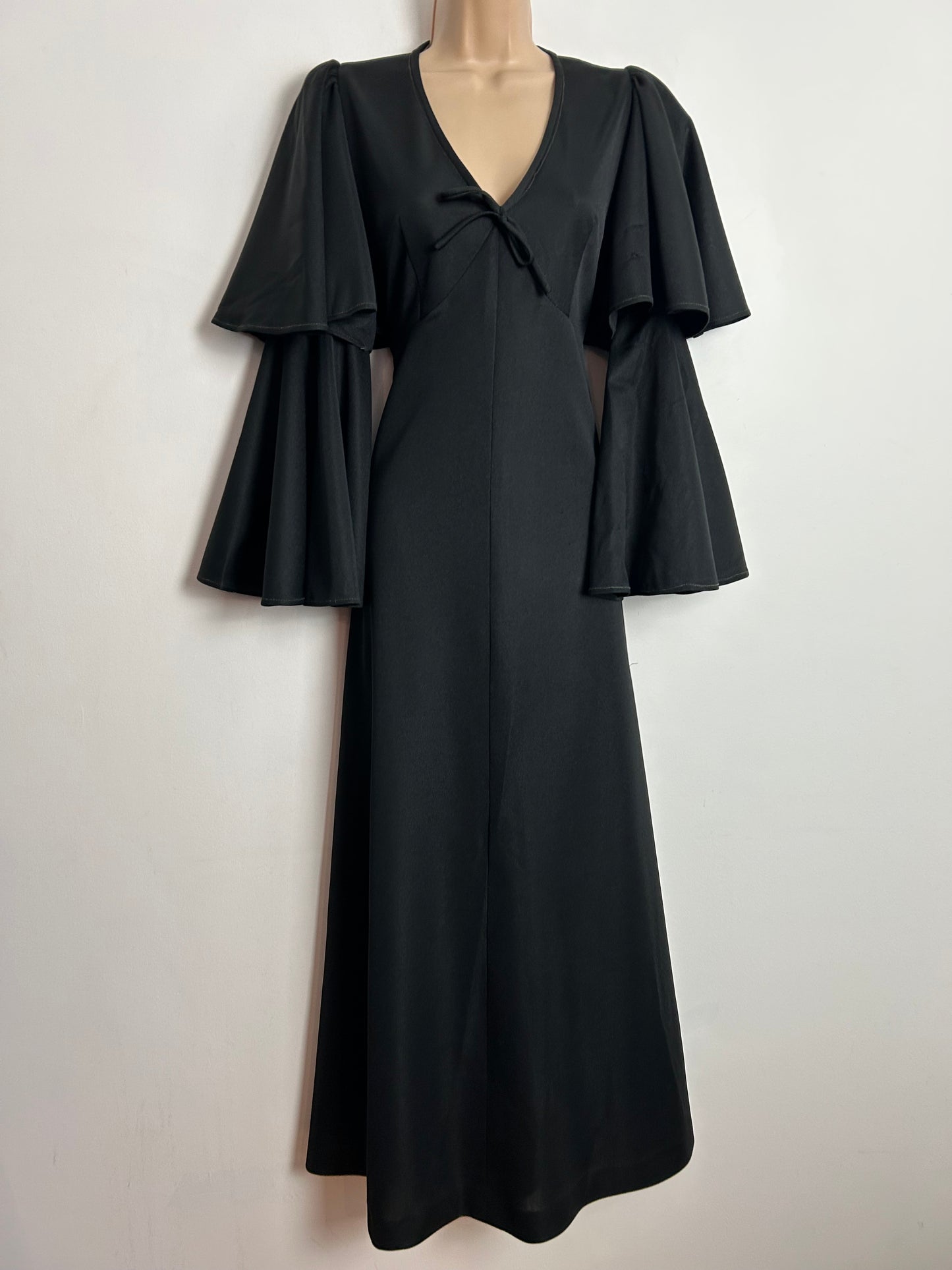 Vintage 1970s MISS T UK Size 8 Black Double Layered Flared Sleeve Dramatic Boho Evening Maxi Dress