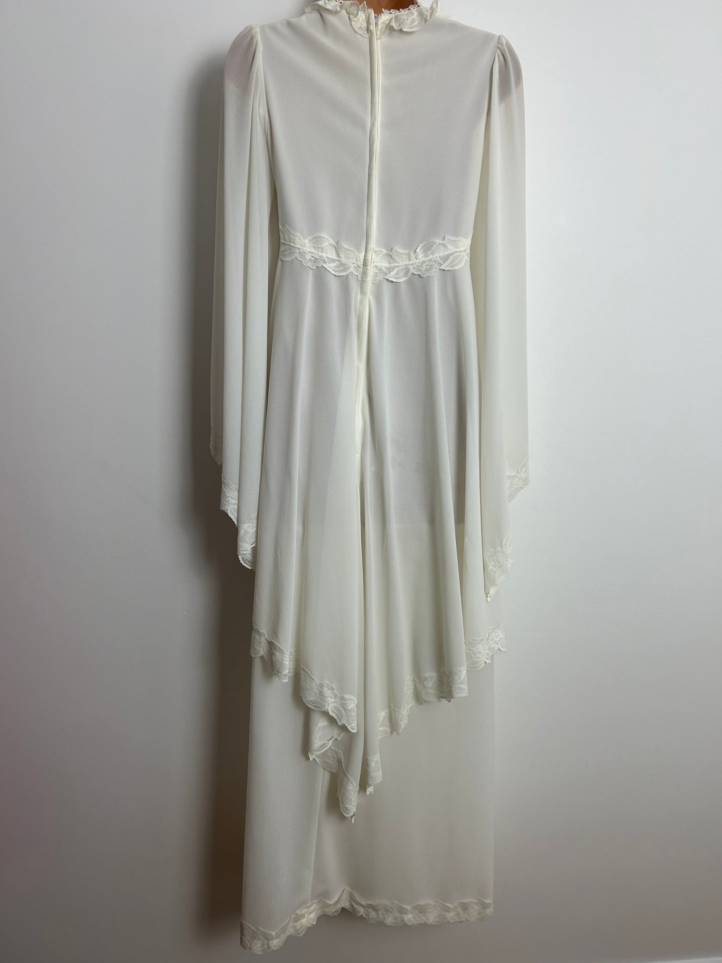 Vintage 1970s MARMENTS OF CARDIFF Size 6 White Lace Trim Ethereal Layered Trumpet Sleeve Boho Maxi Dress