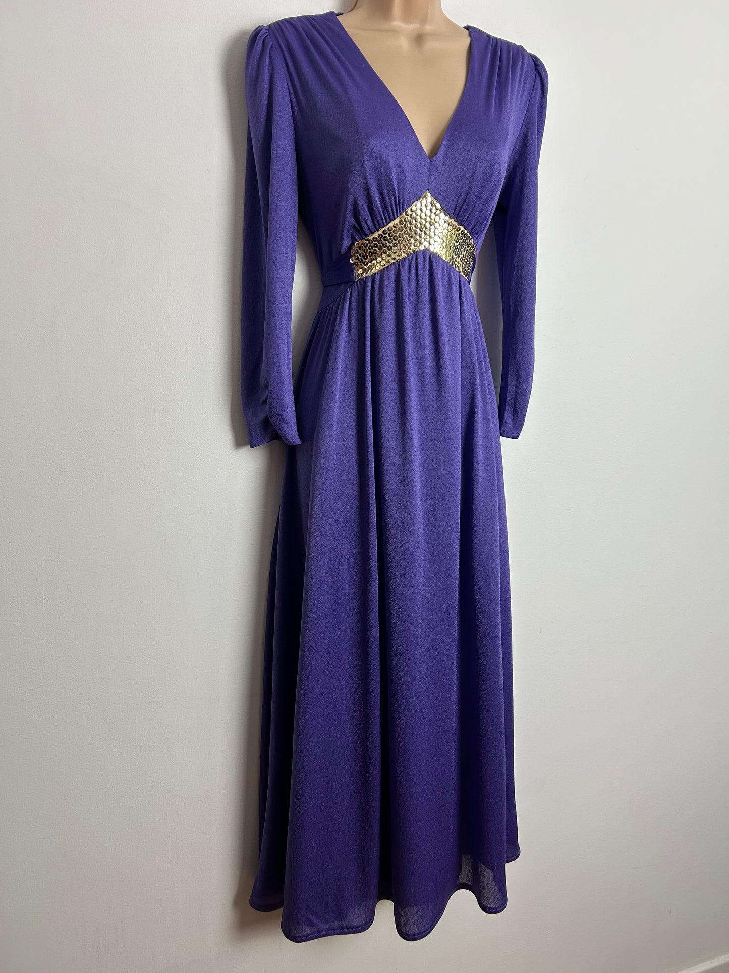 Vintage 1970s UK Size 8-10 Purple & Gold Sequin Trim Long Sleeve Tie Back Evening Maxi Dress