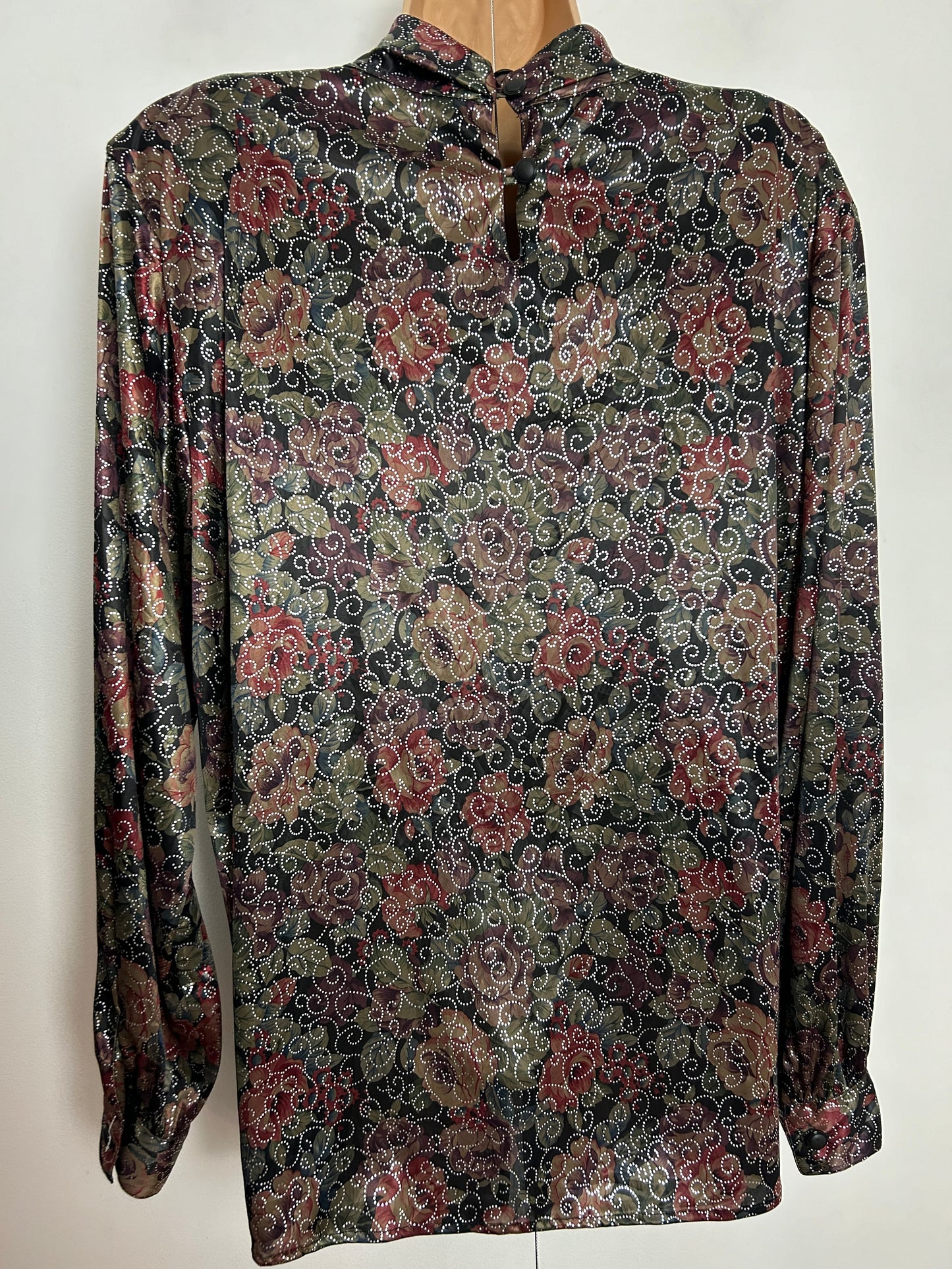 Vintage 1980s UK Size 14-16 Dark Green & Dark Red Shiny Fabric With Silver Swirly Pattern Long Sleeve Top