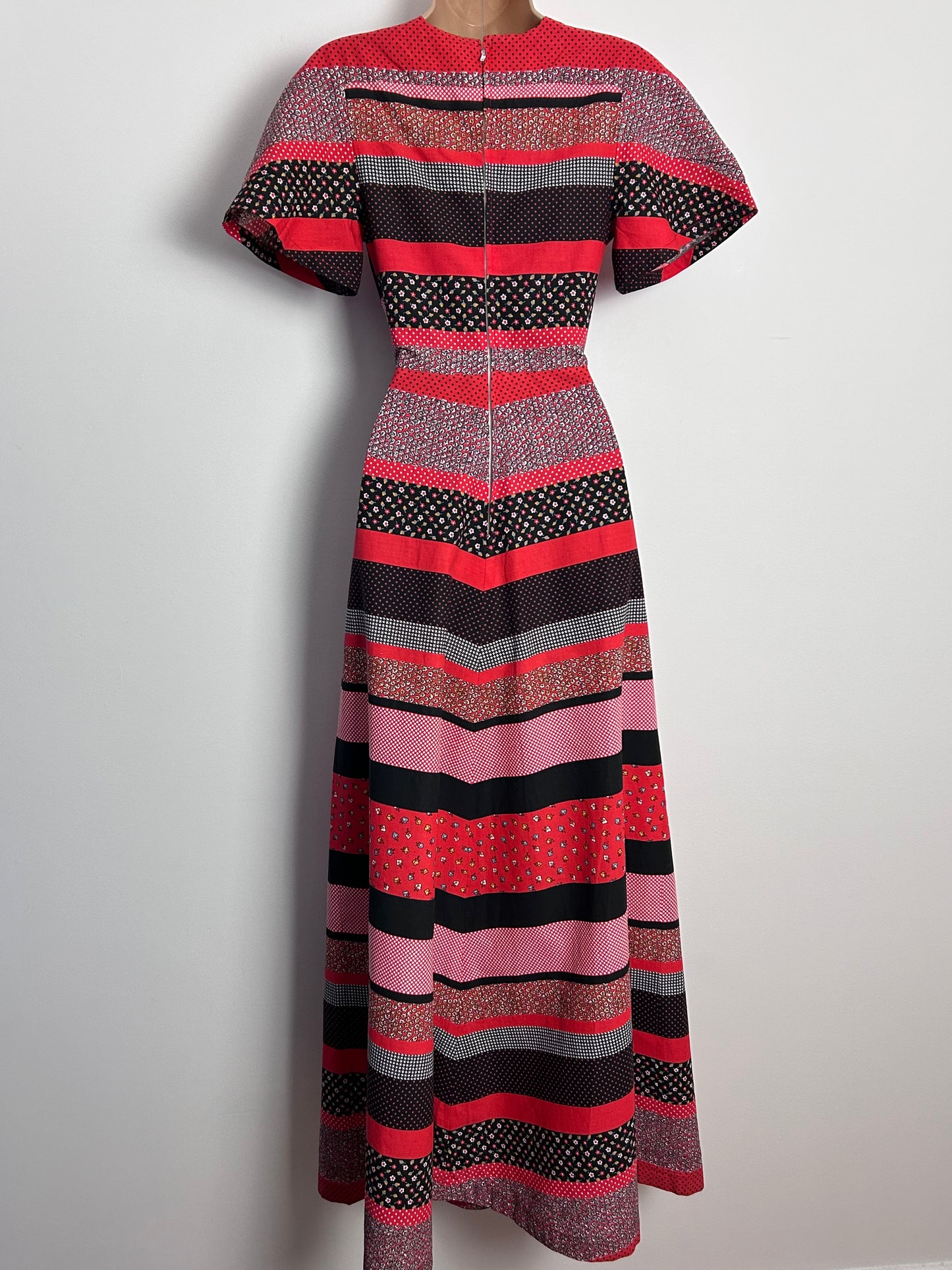 Vintage 1970s UK Size 4-6 Cute Red Black & White Patchwork Floral Polka Dot Stripe Print Cotton Boho Maxi Dress