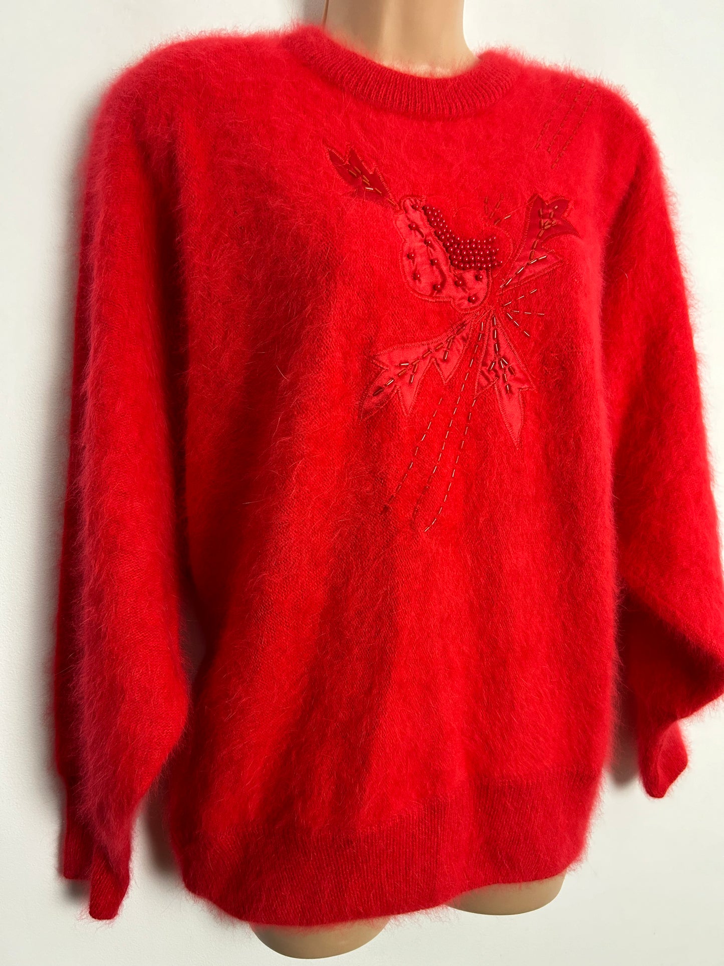 Vintage 1980s Size Large Super Soft Red Fluffy Angora Mix Applique & Bead Mix Jumper