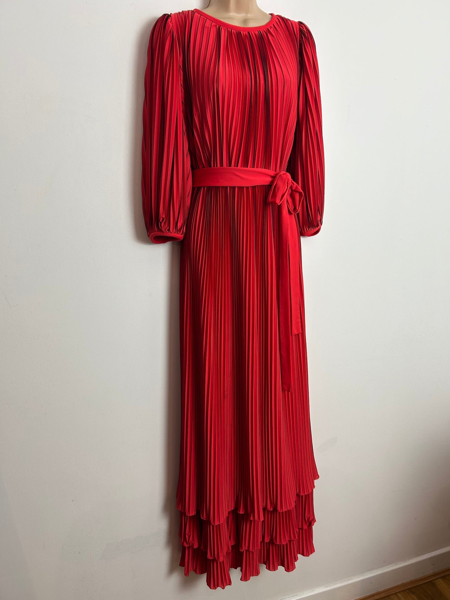 Vintage Late 1970s PETER ELLIS UK Size 10 Red & Black Stripe Edged Accordion Pleated Belted Occasion Maxi Dress