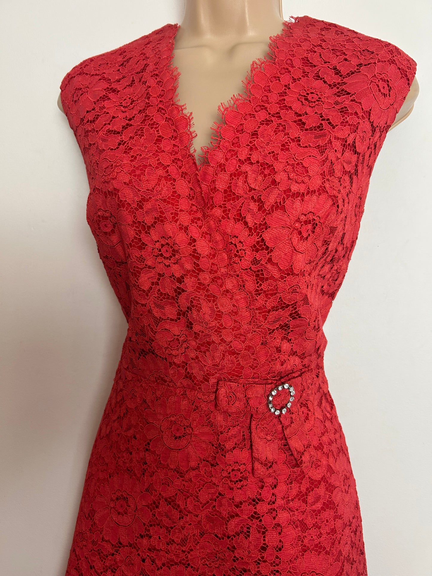 Vintage 1960s DUCHESSE MODELL Size 10 Burnt Orange Guipure Lace Mock Wrap Bow Detail Mod Occasion Dress