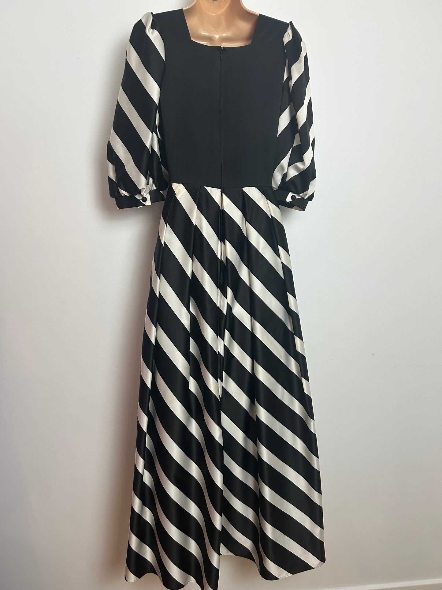 Vintage Early 1980s REBER Size 8 Black & White Stripe Mid Sleeves Occasion Maxi Dress