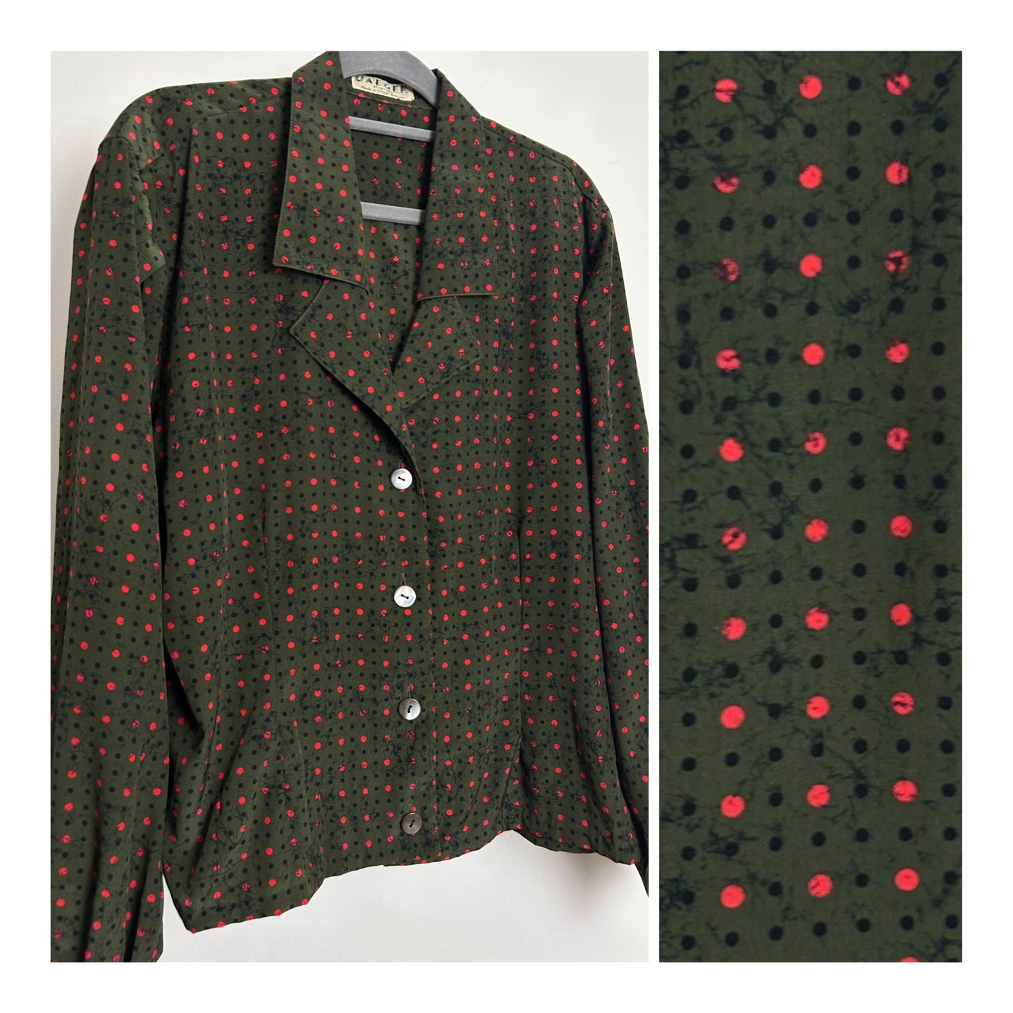 Vintage 1970s JAEGER Size 14 Dark Green Red & Black Polka Dot Print Long Sleeve Blouse/Top