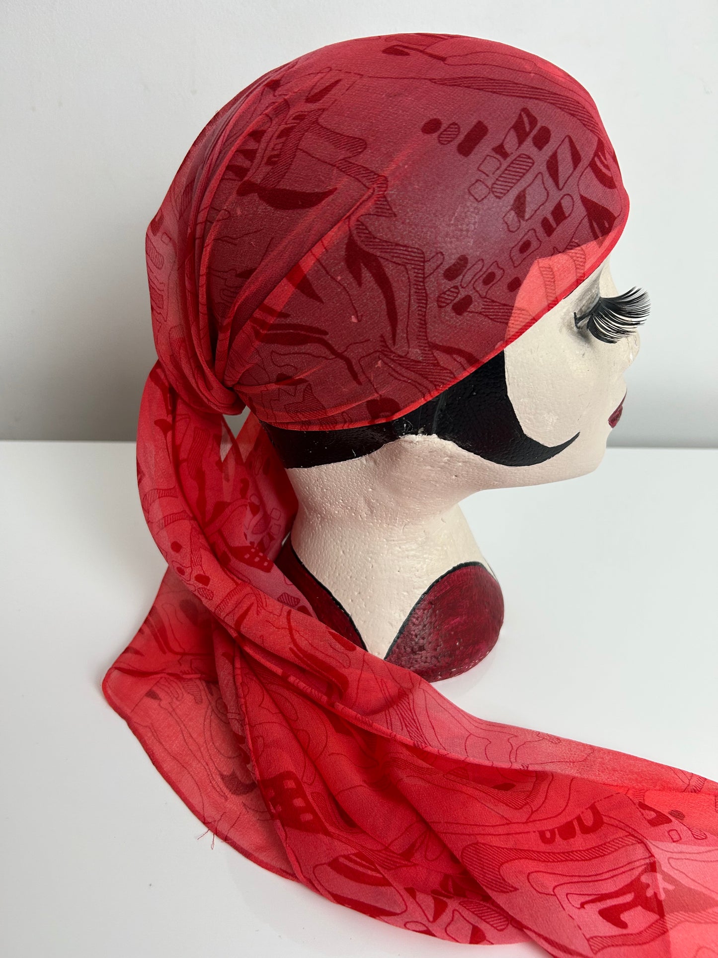 Vintage Dark Orange & Red Abstract Print Long Chiffon Scarf 140cm x 38cm
