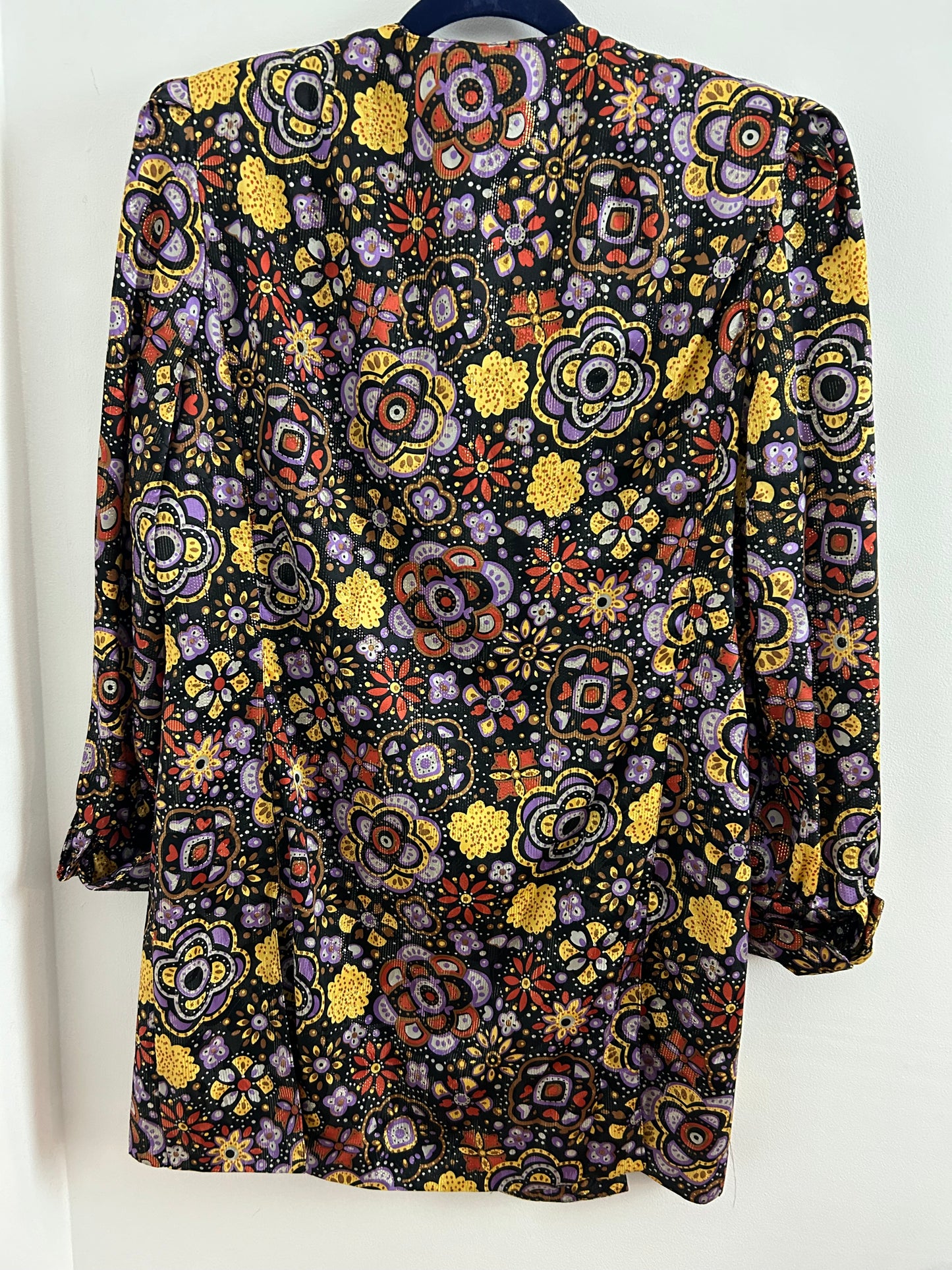Vintage 1980s HARDOB UK Size 12 Black Lilac Gold & Red Floral Print Lurex Shift Dress/Long Tunic Top