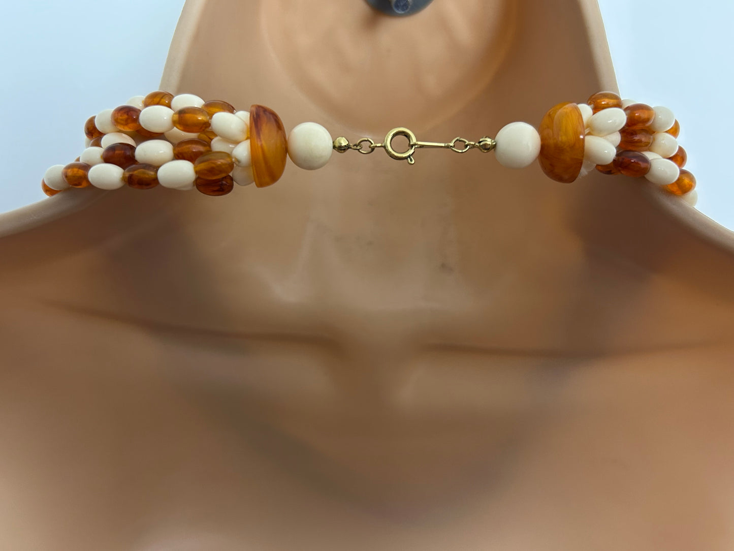 Vintage 1960s Cream & Amber Colour Plastic Bead Double Strand Necklace