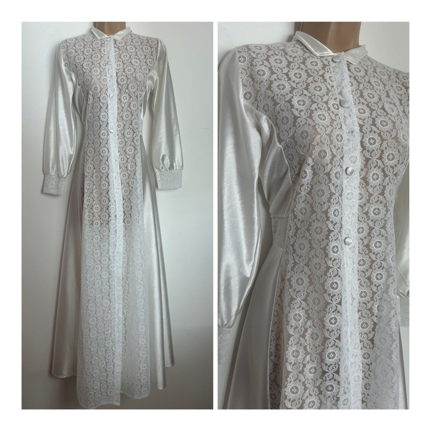 Vintage Late 1950s Size 10-12 White Lace Panels Long Sleeve Peignoir House Dress