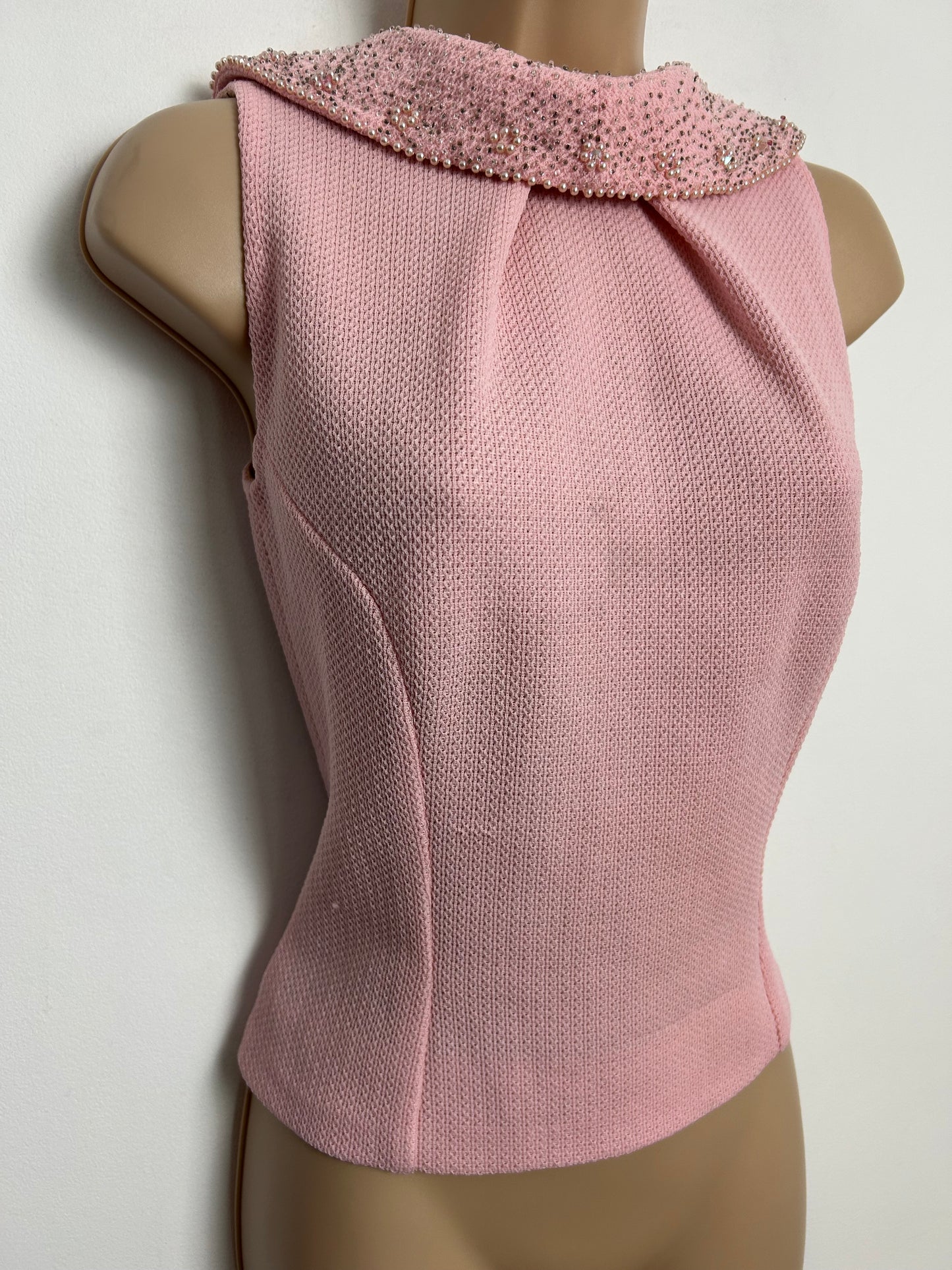 Vintage 1960s Size 8 Pale Pink Waffle Fabric Bow Detail Bead Embellished Sleeveless Top