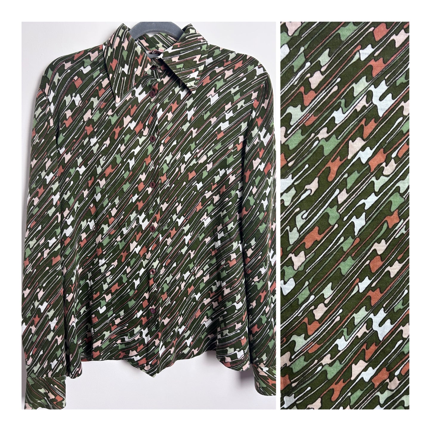 Vintage 1970s TRICOSA UK Size 14-16 Dark Green Abstract Stripe Print Long Sleeve Shirt