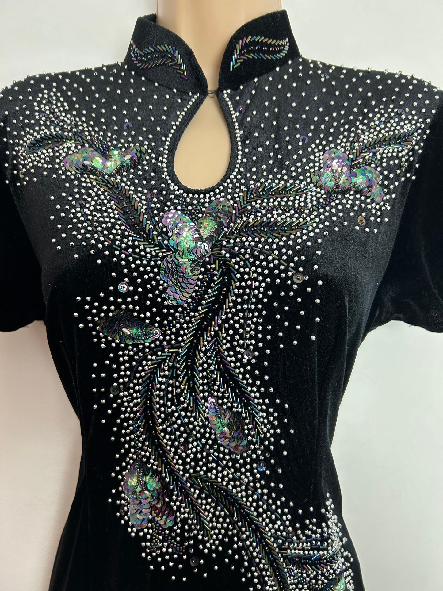 Vintage 1980s UK Size 10-12 Black Velvety Velour Bead & Sequin Embellished Evening Dress