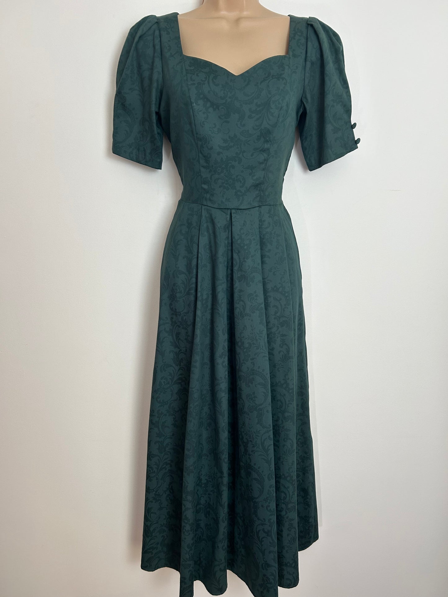 Vintage 1980s LAURA ASHLEY Size 6 (Size 10 On Label) Dark Green Damask Bow Back Dress
