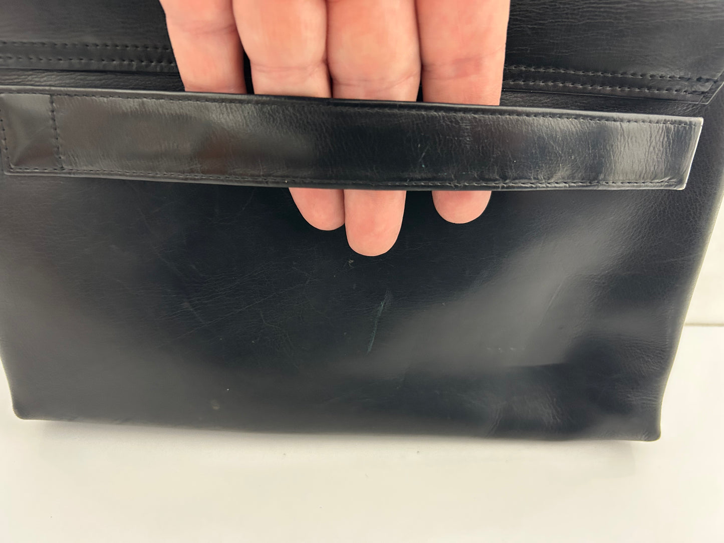 Vintage Late 1950s Black Leather Clutch Bag With Finger/Hand Strap