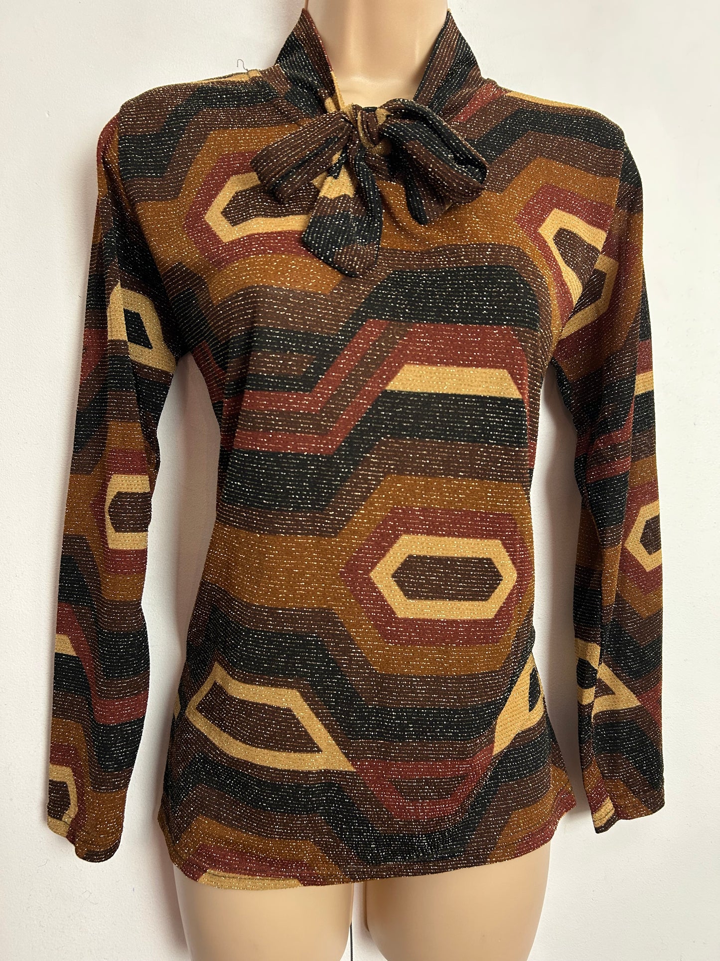 Vintage 1970s UK Size 12-14 Brown & Bronze Tones Geo Print Lurex Tie Neck Long Sleeve Blouse