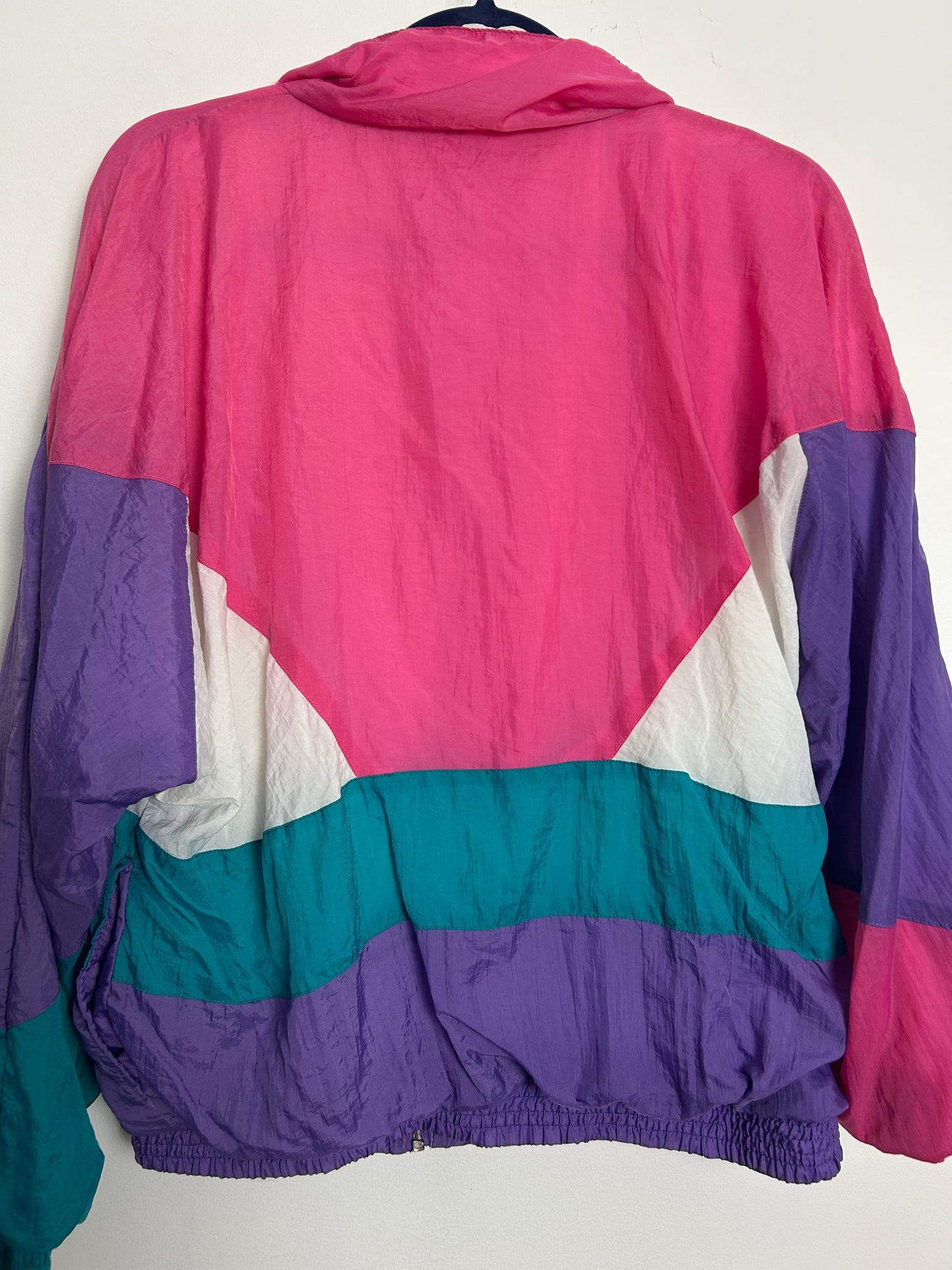 Vintage 1980s FIZZICAL Upto Size 14 Pink White Teal & Purple Shell Suit Jacket