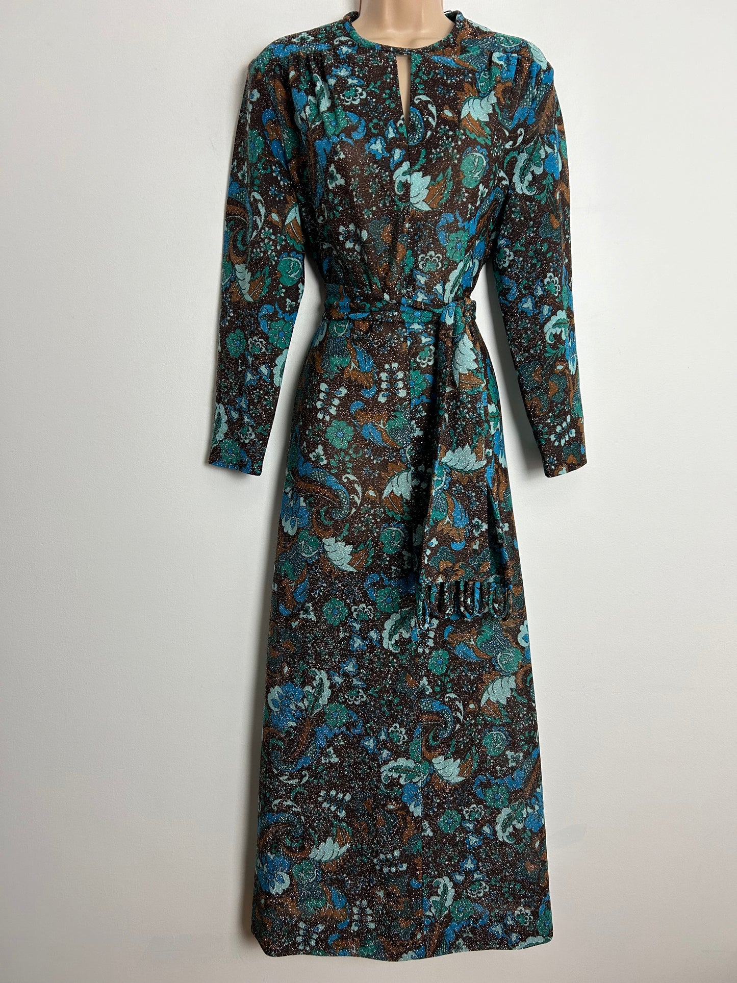 Vintage 1960s CARNEGIE OF LONDON UK Size 16-18 Brown Blue & Green Floral Print Glittery Lurex Belted Occasion Maxi Dress