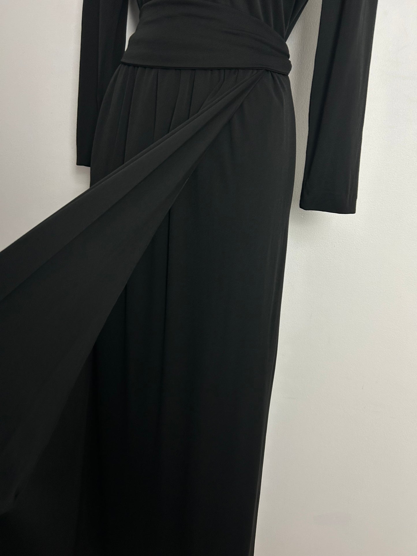 Vintage 1970s FINK MODELL UK Size 12 Black Diamante Detail Long Sleeve Belted Evening Occasion Maxi Dress