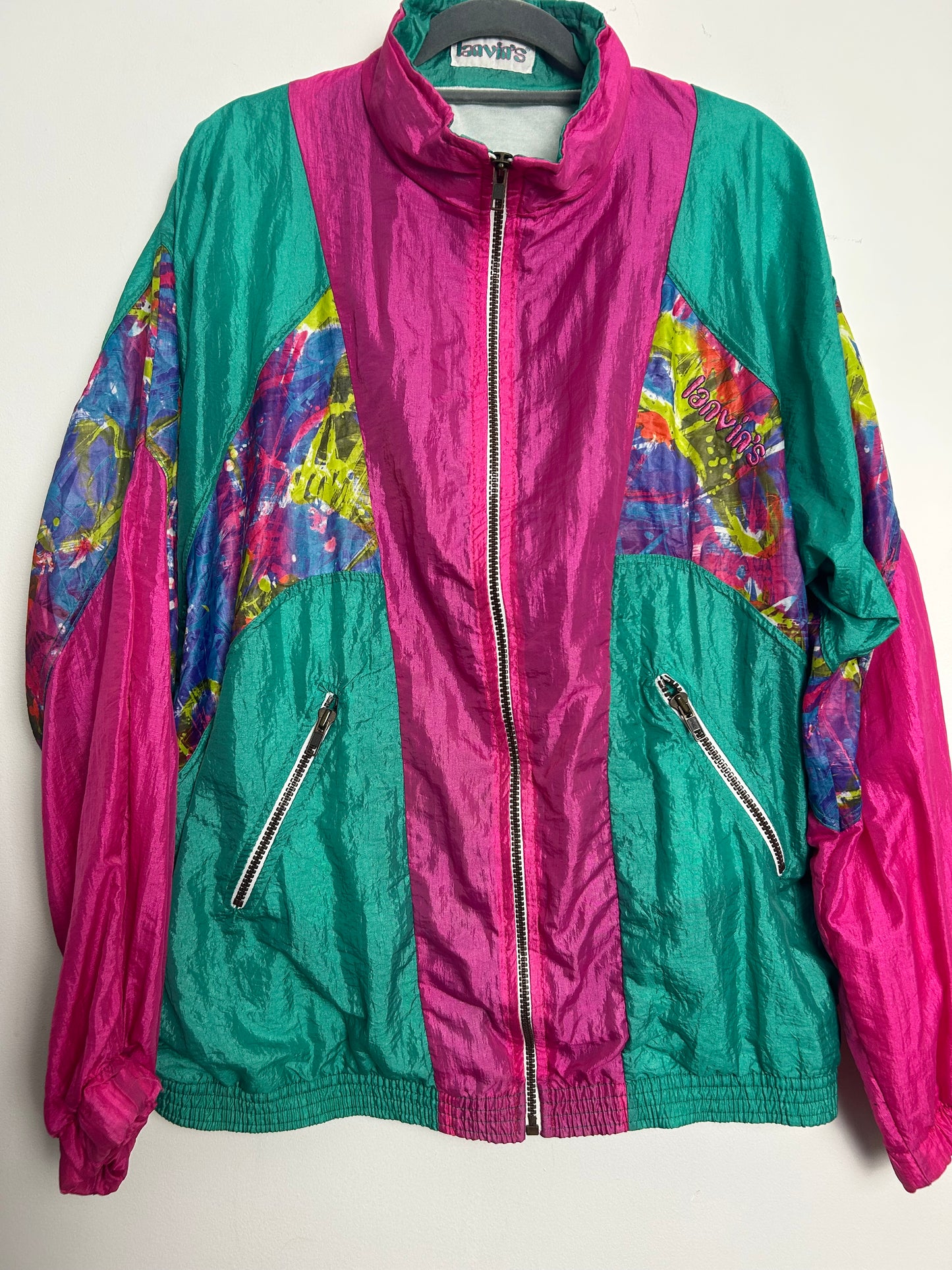 Vintage 1980s Up To Size 14/16 LANVIN'S Pink Green Blue Abstract Print Shell Suit Jacket