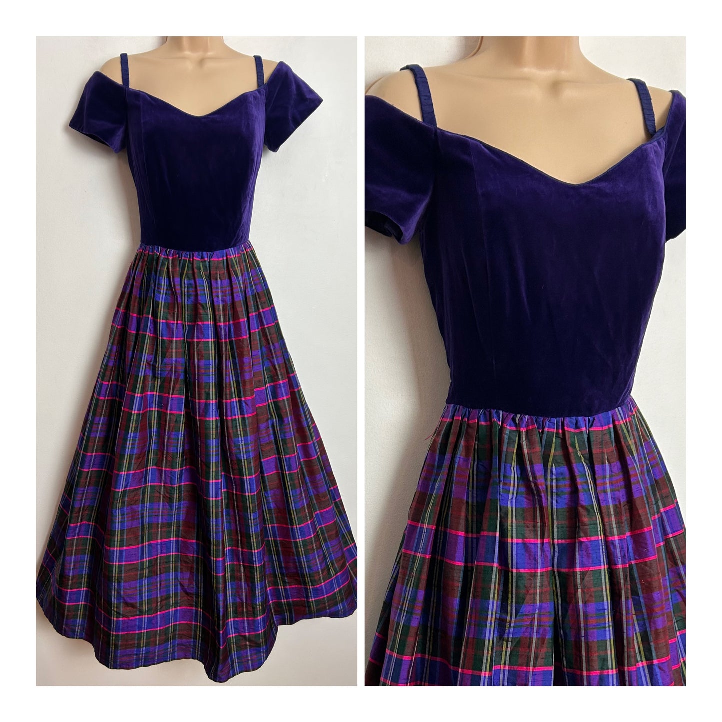 Vintage 1980s MARION DONALDSON UK Size 6 Purple Velvet & Pure Silk Tartan Check Party Prom Evening Dress