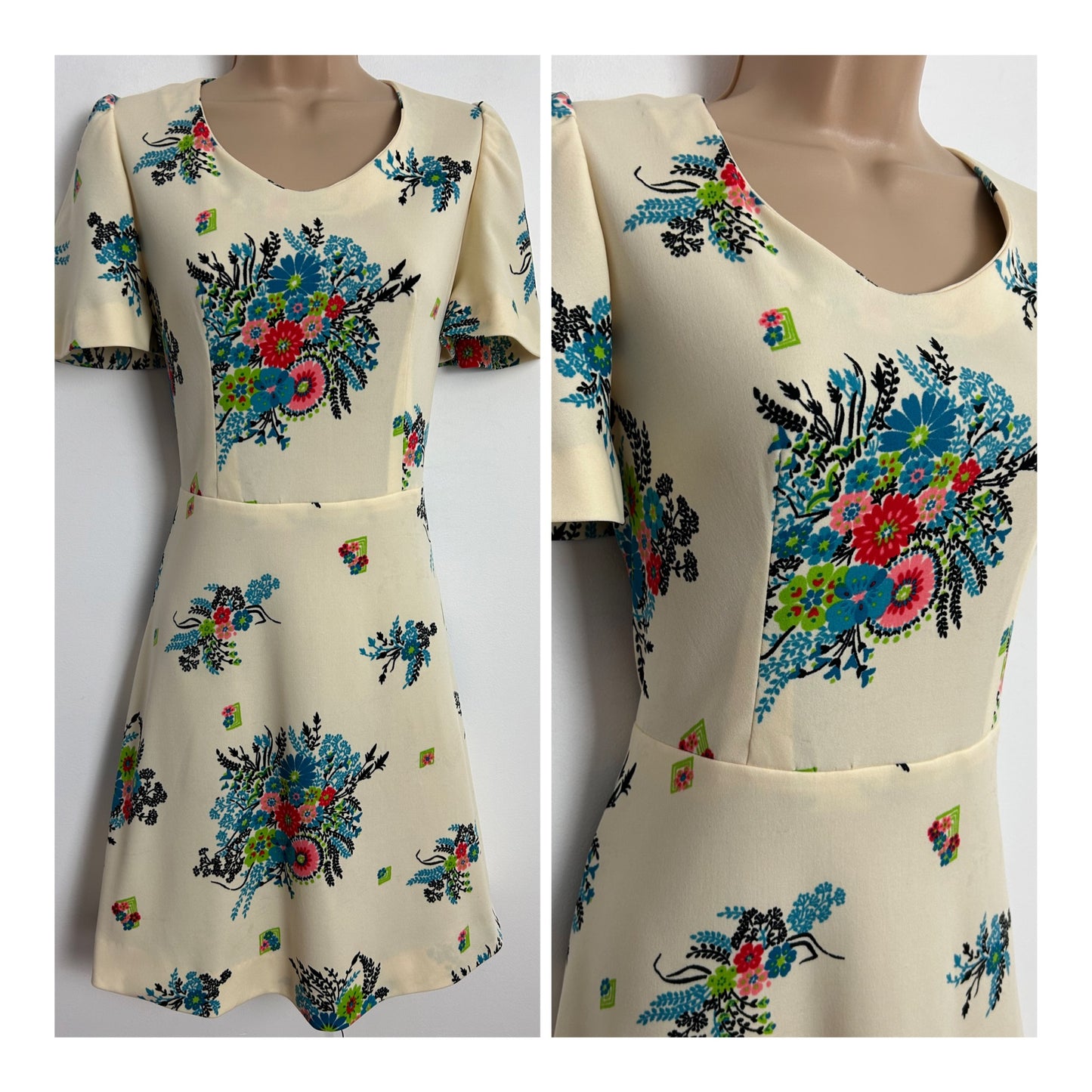 Vintage 1970s Size 12 Cream Blue & Pink Tones Floral Print Short Sleeve Fit & Flare Day Dress