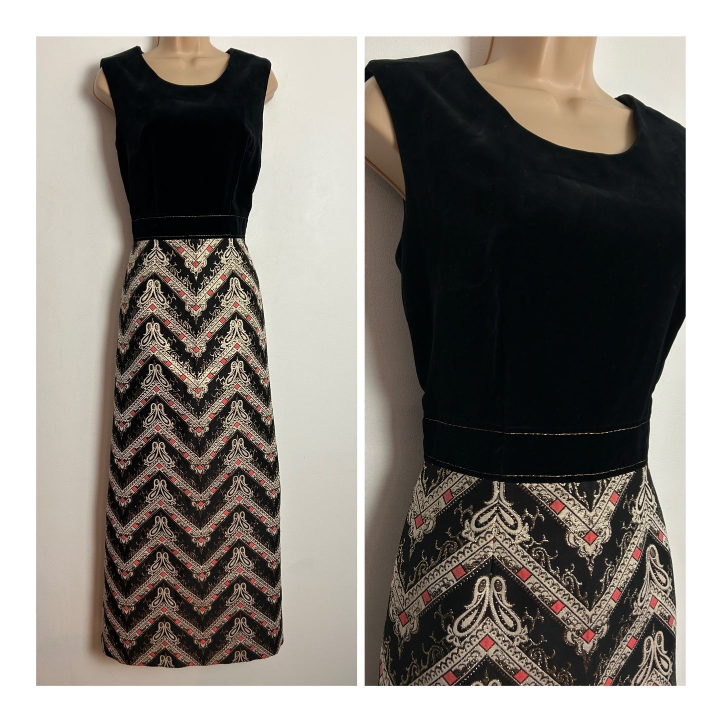 Vintage 1960s UK Size 12 Black Gold & Pink Velvet & Brocade Evening Occasion Maxi Dress