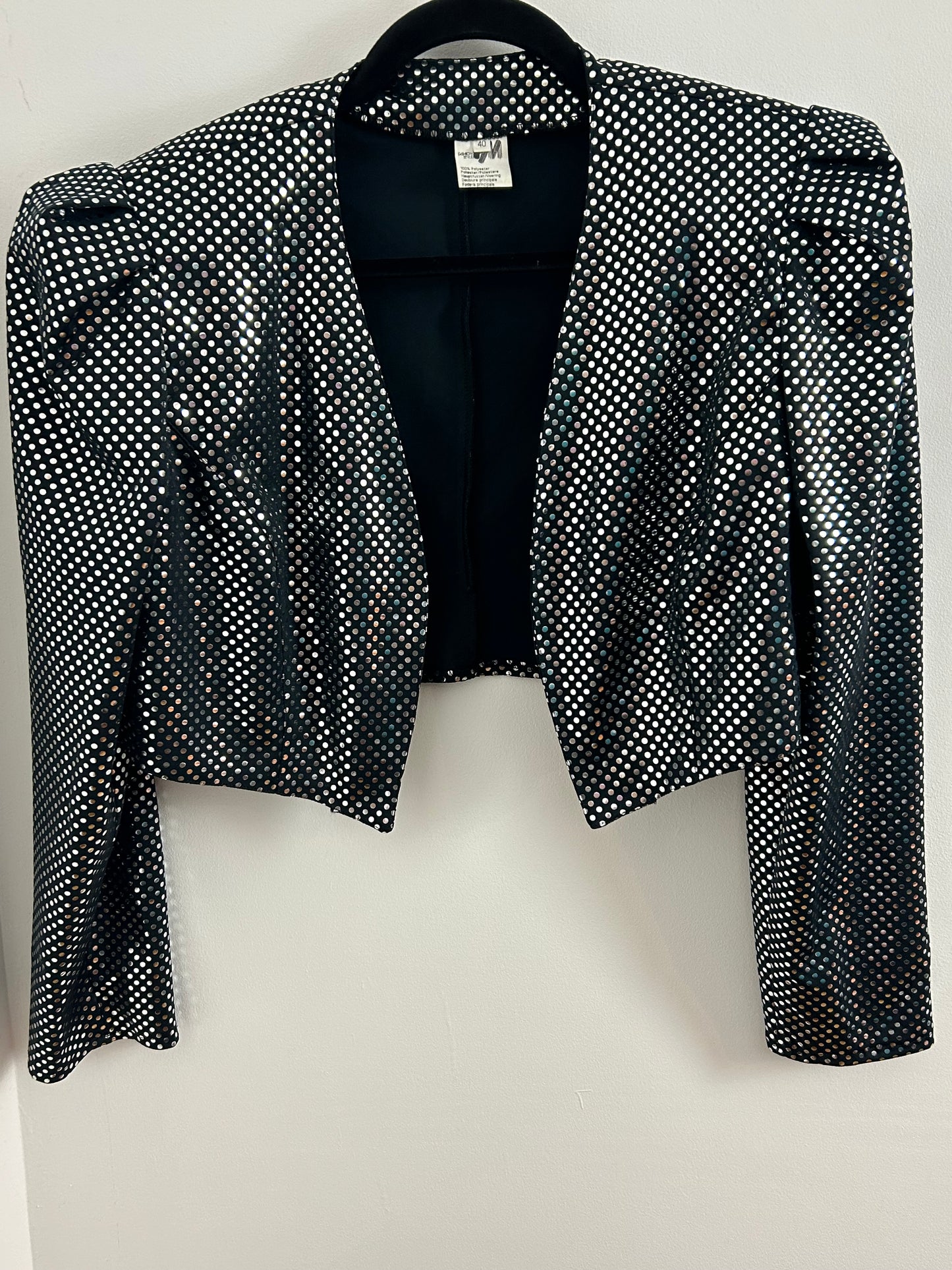 Vintage 1980s PM STYLE UK Size 12-14 Black & Metallic Silver Polka Dots Long Sleeve Bolero Cover Up