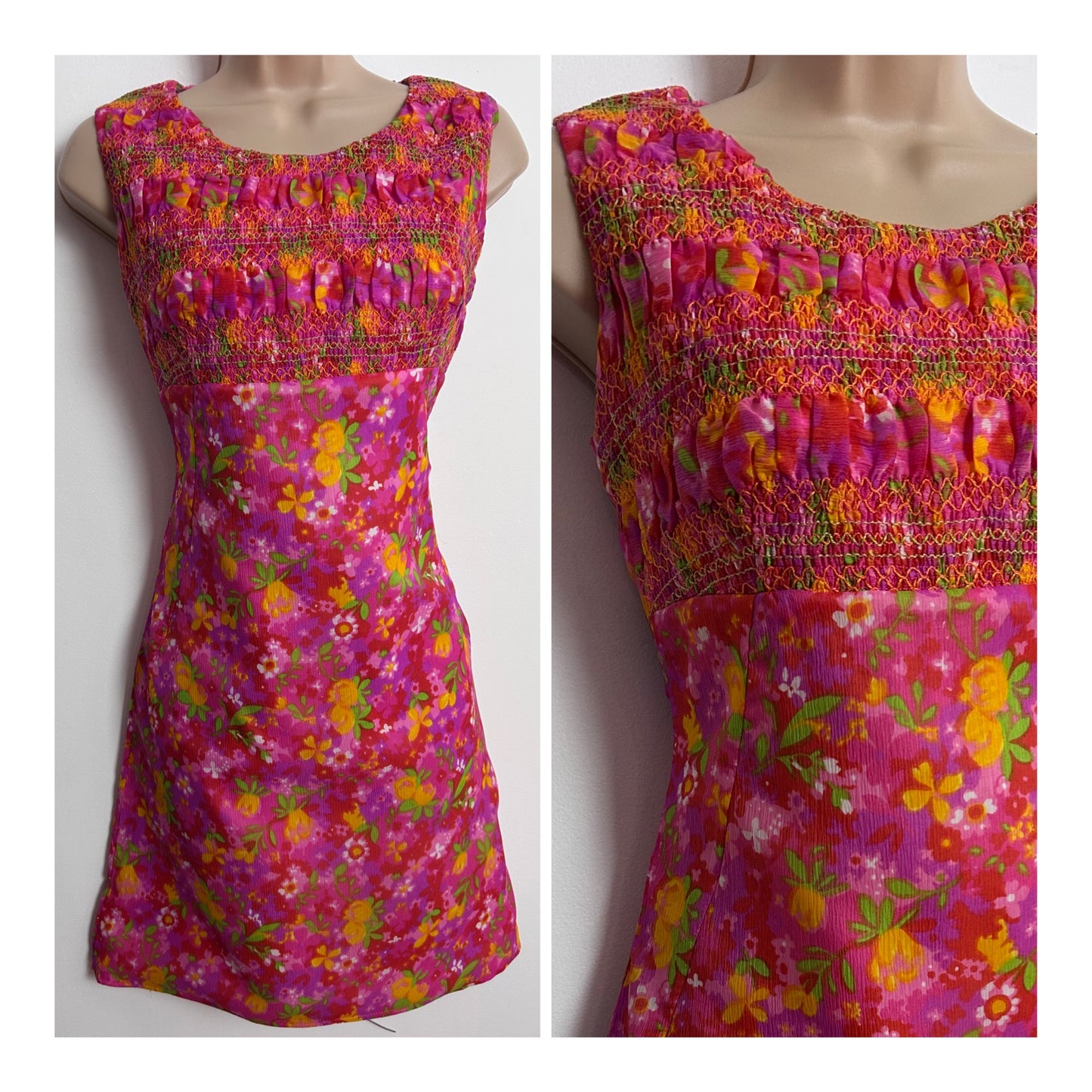 Vintage 1960s MA ROBE UK Size 8 Pink Orangey Yellow & Green Floral Print Shirred Bodice Mini Mod Dress