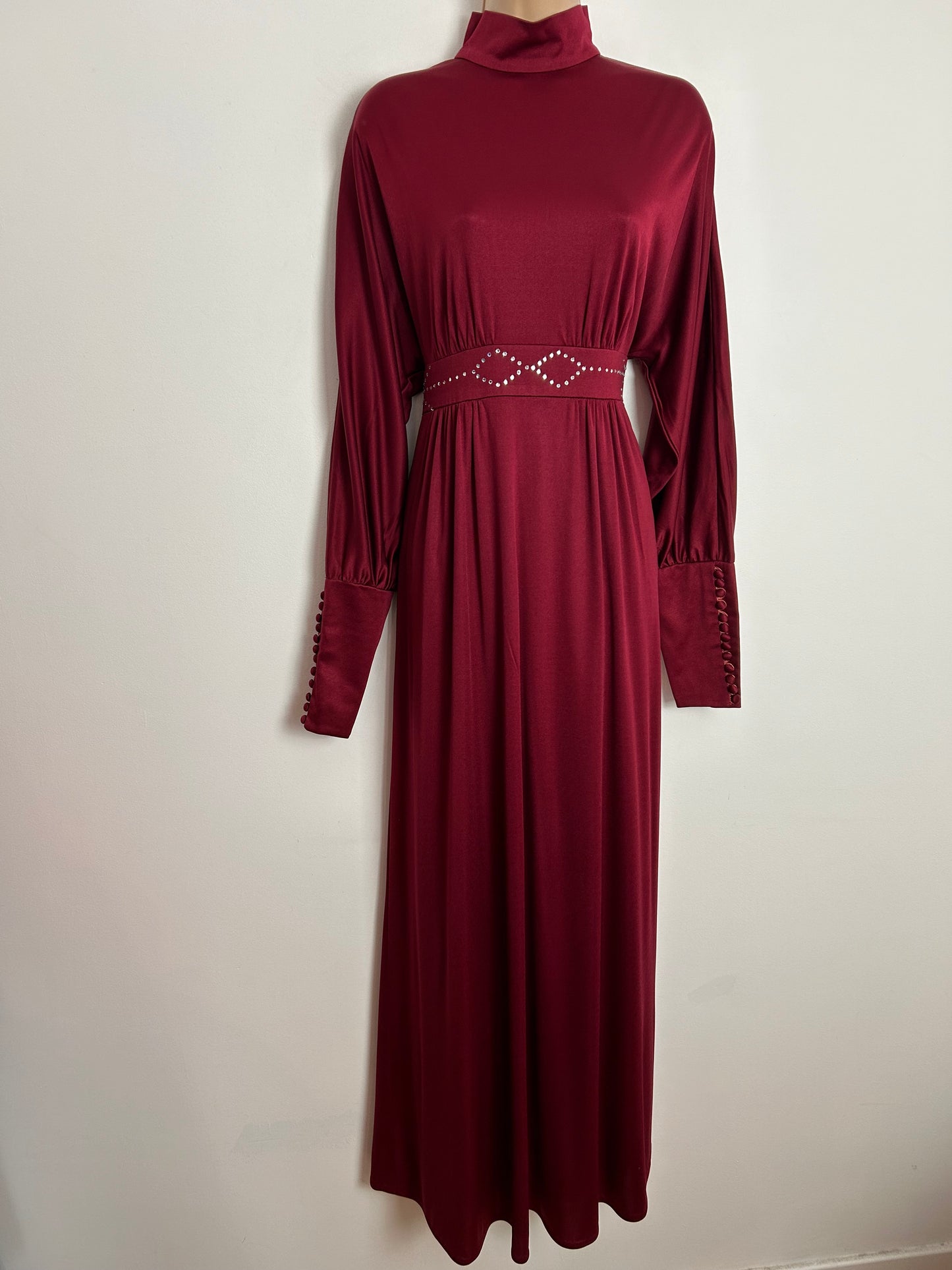 Vintage Late 1970s COCKTAIL HOFFMAN UK Size 12 Dark Red Long Dolman Sleeve Tight Cuffs Rhinestone Detail Occasion Evening Maxi Dress