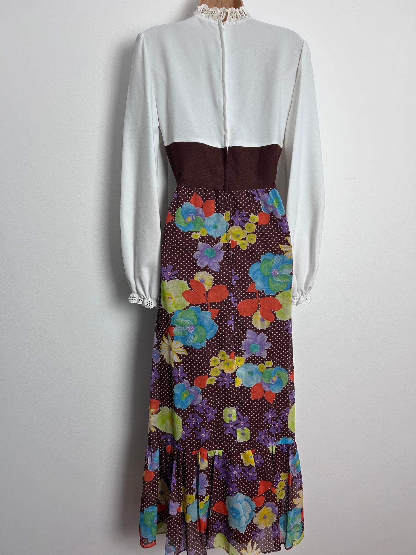 Vintage 1970s UK Size 8-10 White Brown Orange Purple Green Floral Polka Dot Prairie Maxi Dress