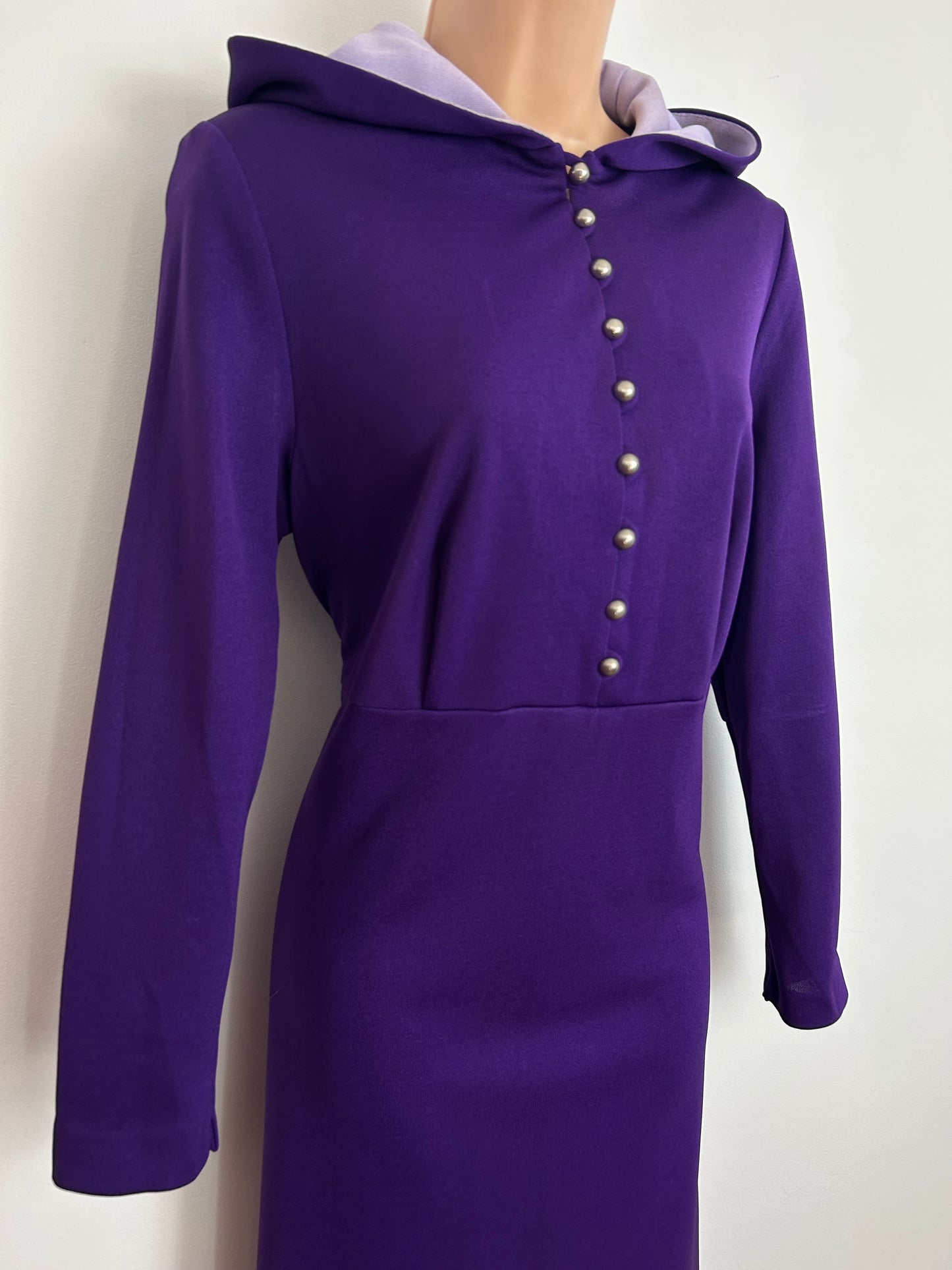 Vintage 1970s HENRIQUES OF LONDON Size 14 Purple Hooded Long Sleeve Maxi Dress