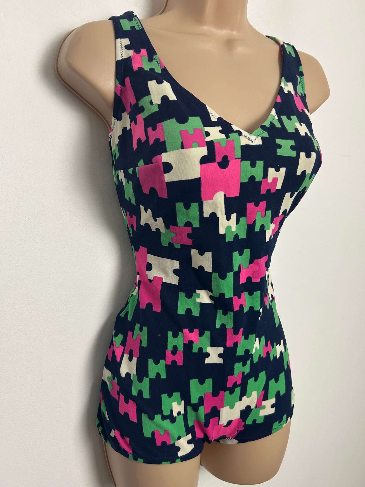 Vintage Late 1960s Approx Size 14-16 Navy Blue Pink Green & White Abstract Geo Jigsaw Style Print Swimsuit