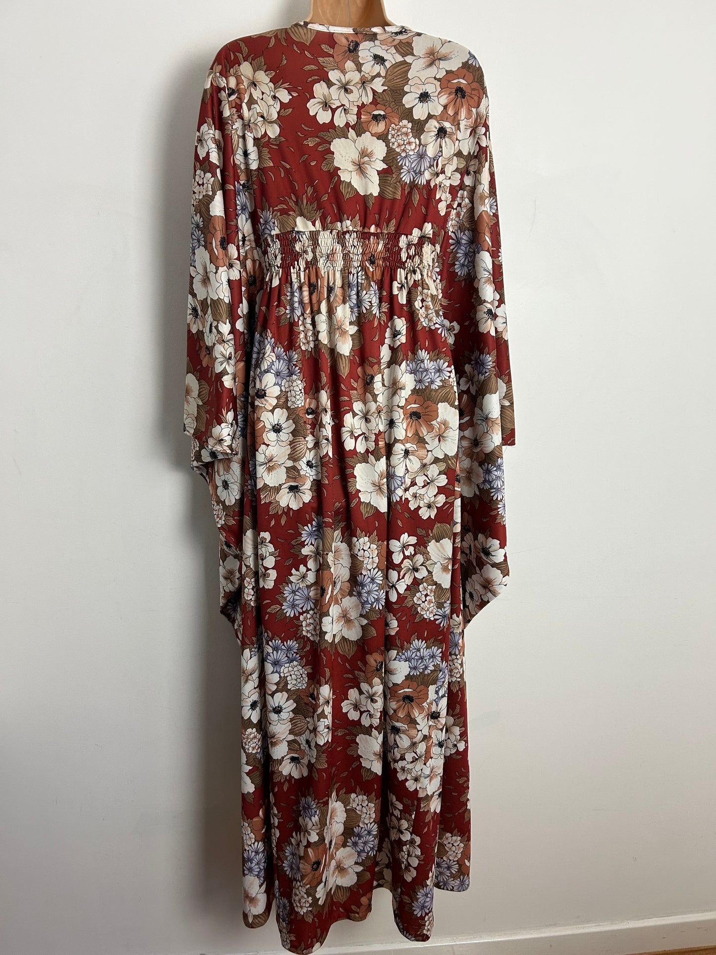 Vintage 1970s SYLVAN One Size Up To Size 12/14 Chestnut Brown Floral Print Wide Sleeve Kaftan Style Boho Maxi Dress