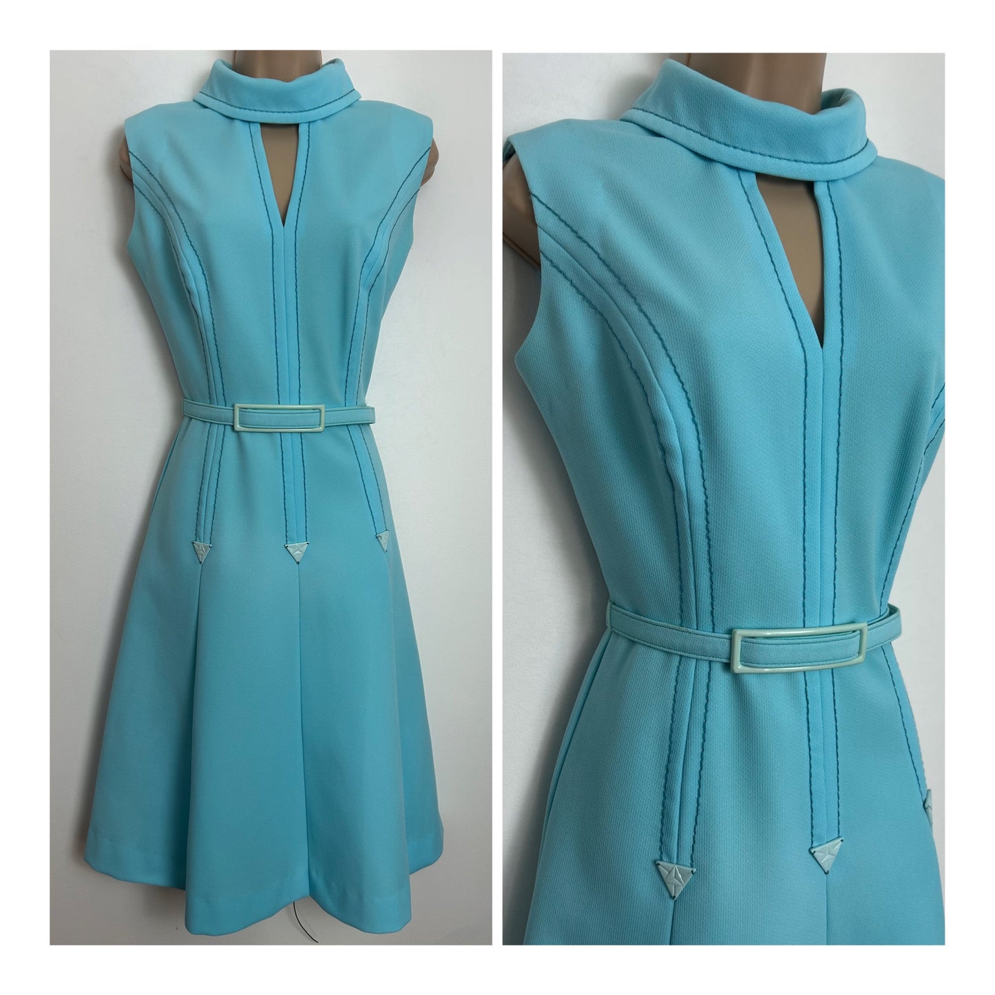 Vintage 1960s LIZA PETA Size 10 Pale Blue Stitch Detail Keyhole Belted Mod Dress
